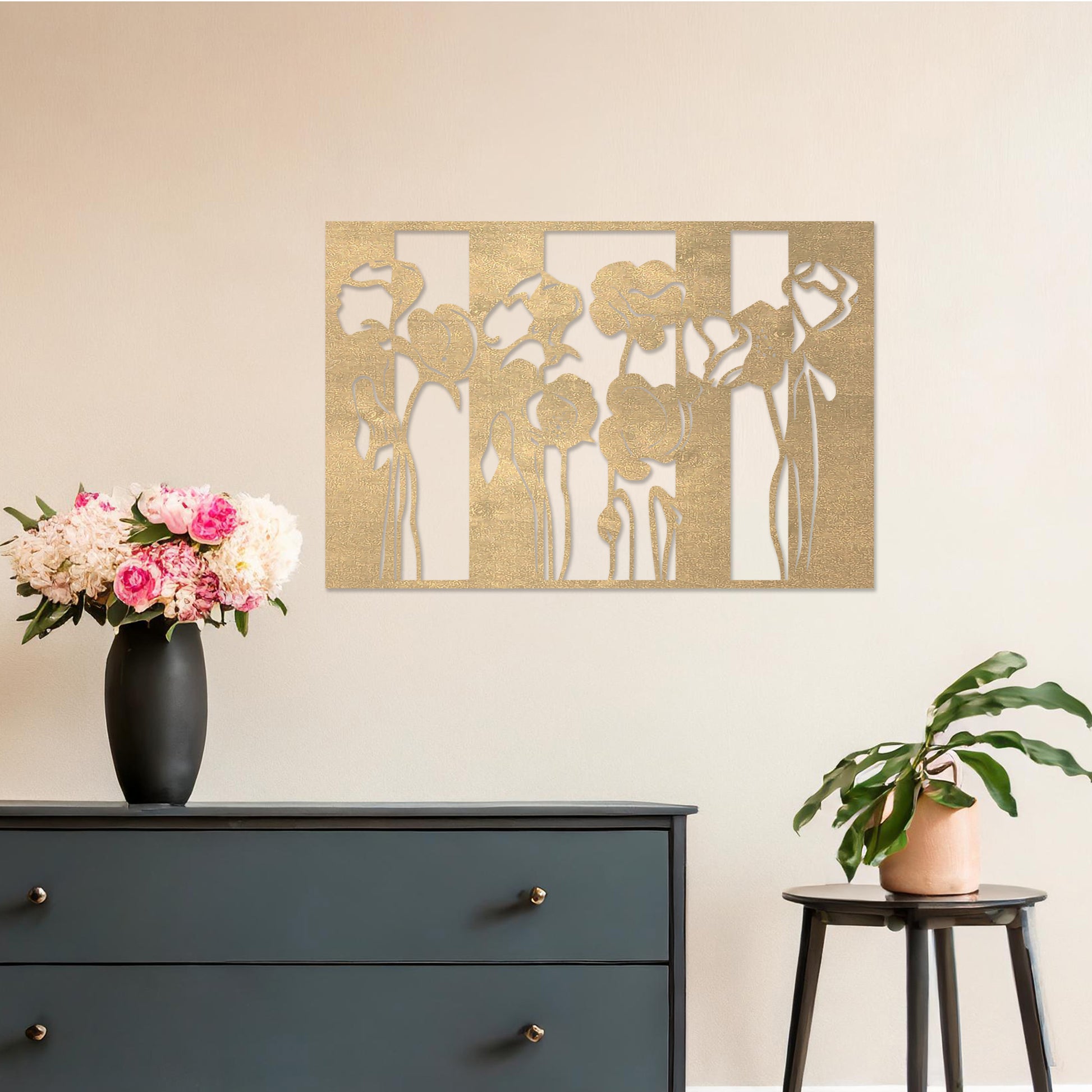 Wall art featuring a floral design with stylised poppy flowers arranged in vertical panel. The piece is displayed on a neutral wall within modern room decor, enhancing the serene and elegant atmosphere of the space.