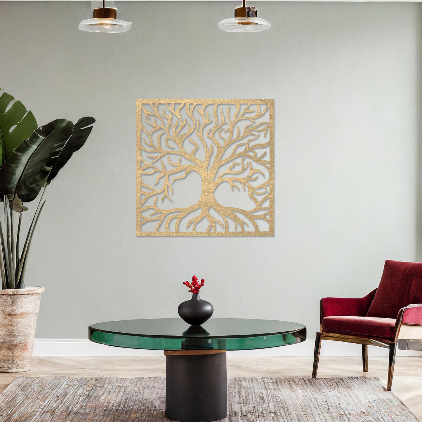 A square wall art piece depicting an intricate tree with branching limbs and visible roots. The artwork is displayed on a neutral wall in a modern room