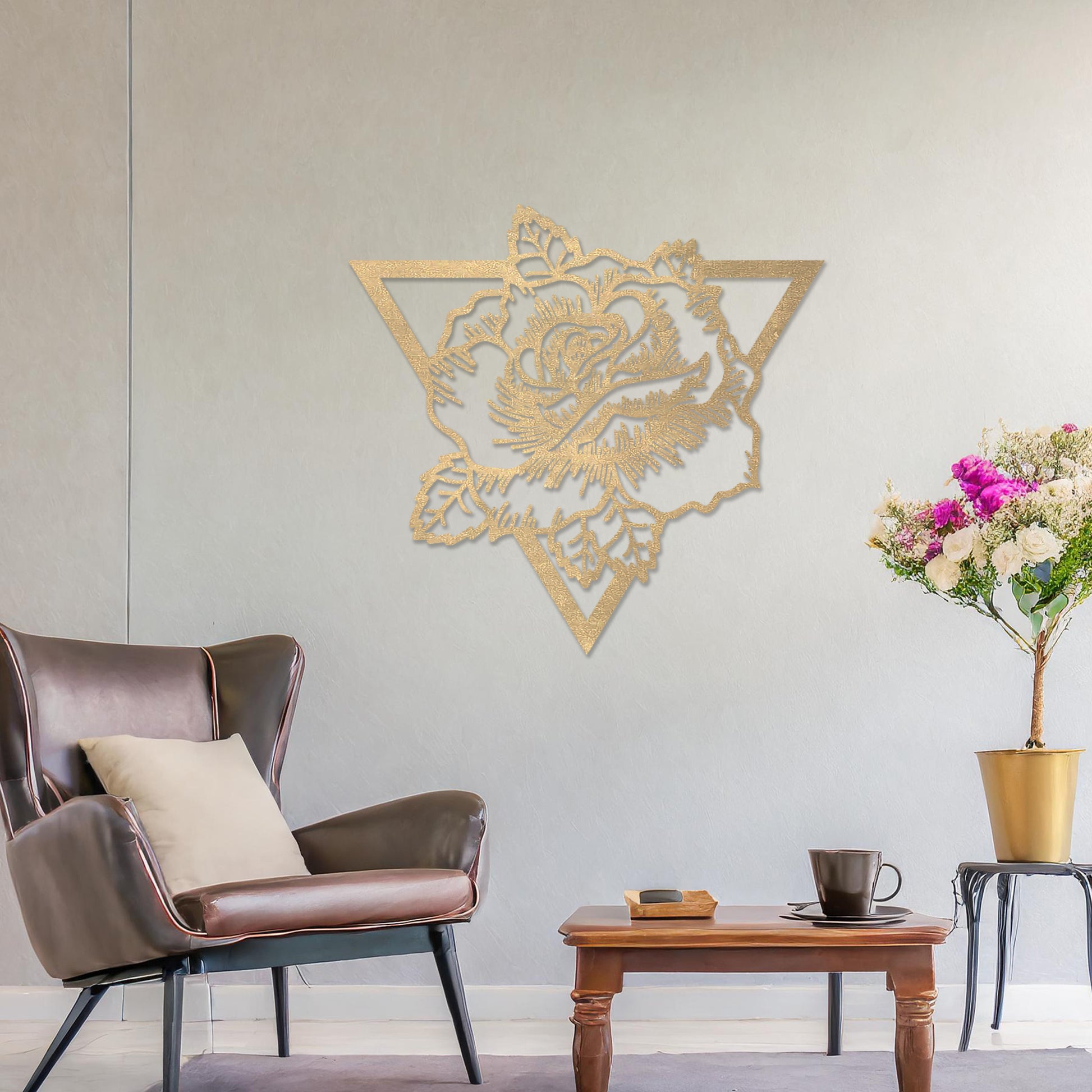 Wooden wall art featuring a rose design framed within a triangular outline, showcasing intricate detailing of petals and leaves. The artwork is displayed on a neutral wall within modern room decor, highlighting its elegant and bold aesthetic.
