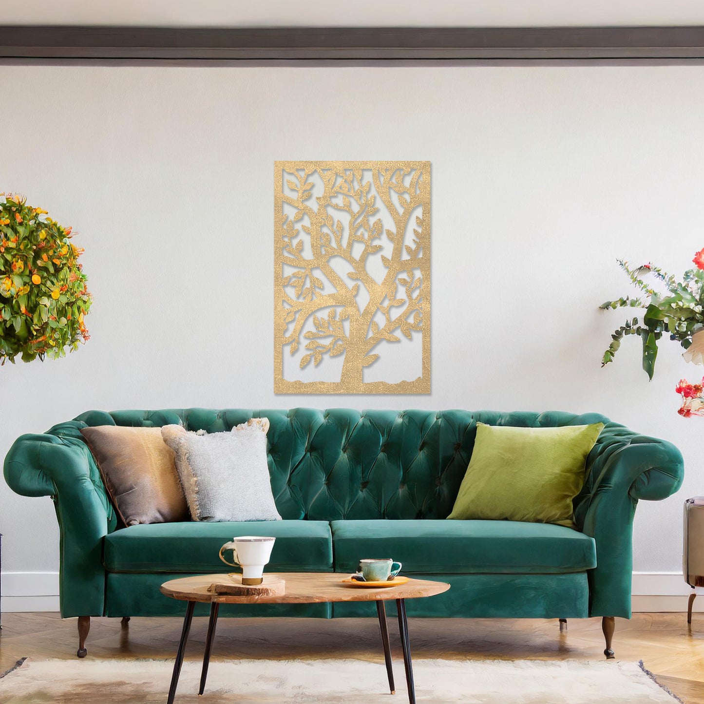 Wooden wall art featuring a rectangular design with an intricate tree motif, showcasing detailed branches and leaves. The artwork is displayed on a neutral wall within modern room decor, highlighting its natural elegance.
