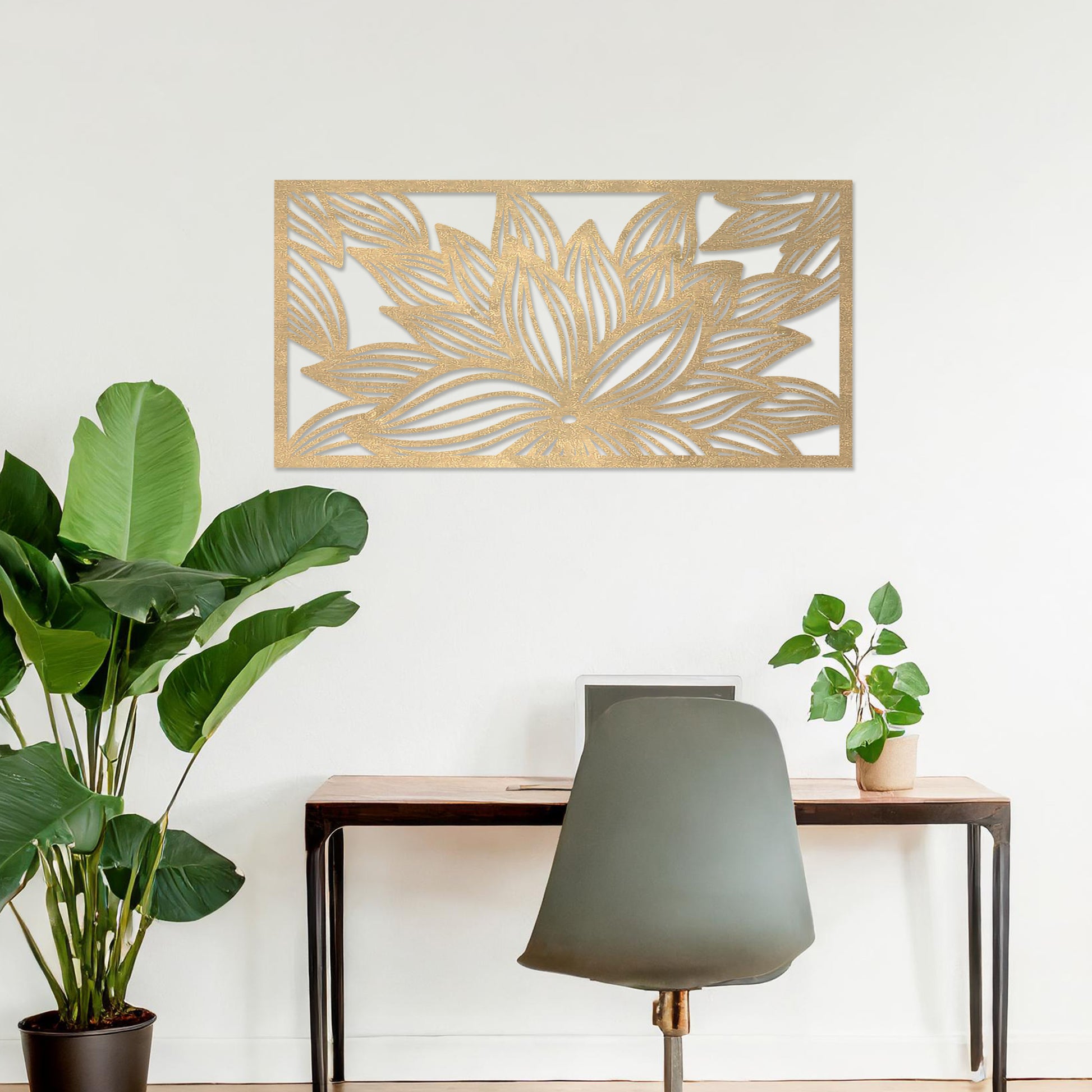 Wall art featuring a horizontal floral design with layered petals arranged in a dynamic and intricate pattern. The piece is displayed on a neutral wall within modern decor, adding an artistic and elegant focal point to the setting.
