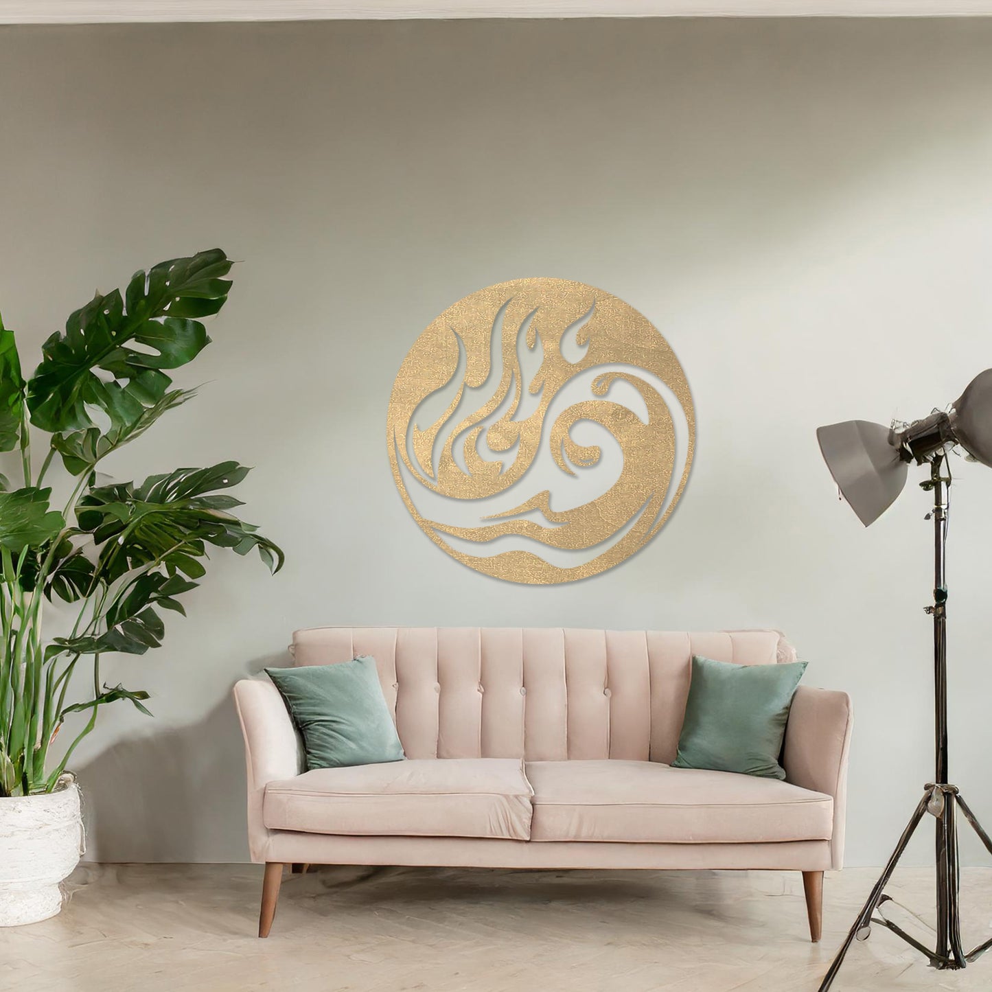 Wooden wall art featuring a circular design combining fire and wave motifs in a flowing, abstract style. The artwork is displayed on a neutral wall within modern room decor, highlighting its dynamic and artistic appeal.