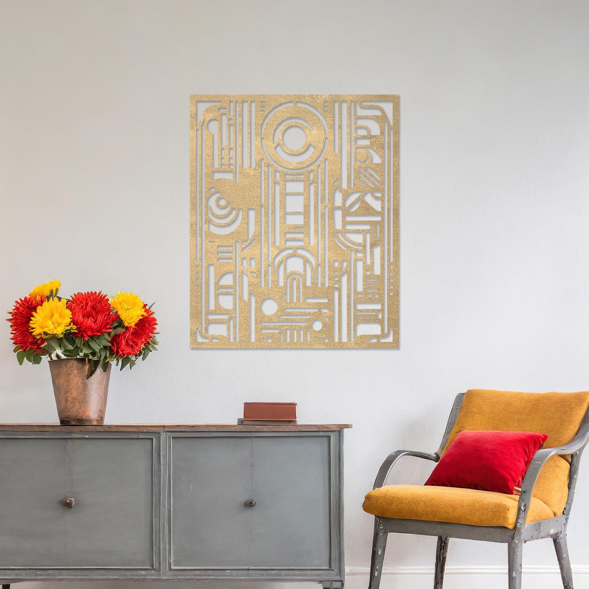 Wall art featuring an abstract geometric design with a combination of circles, lines, and architectural elements. The piece is displayed on a neutral wall within modern decor, adding a bold and contemporary focal point to the space.
