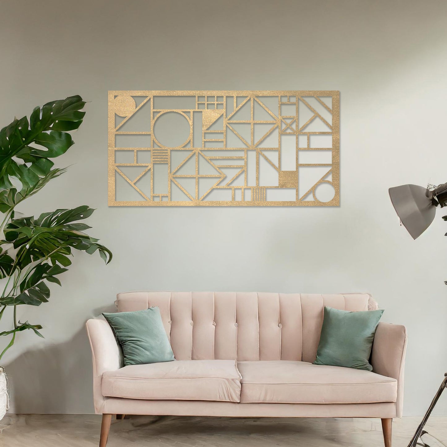 Wooden wall art design featuring a geometric composition with abstract shapes and patterns, placed on a neutral wall within modern room decor. The design combines dynamic lines and forms for a bold, contemporary look.