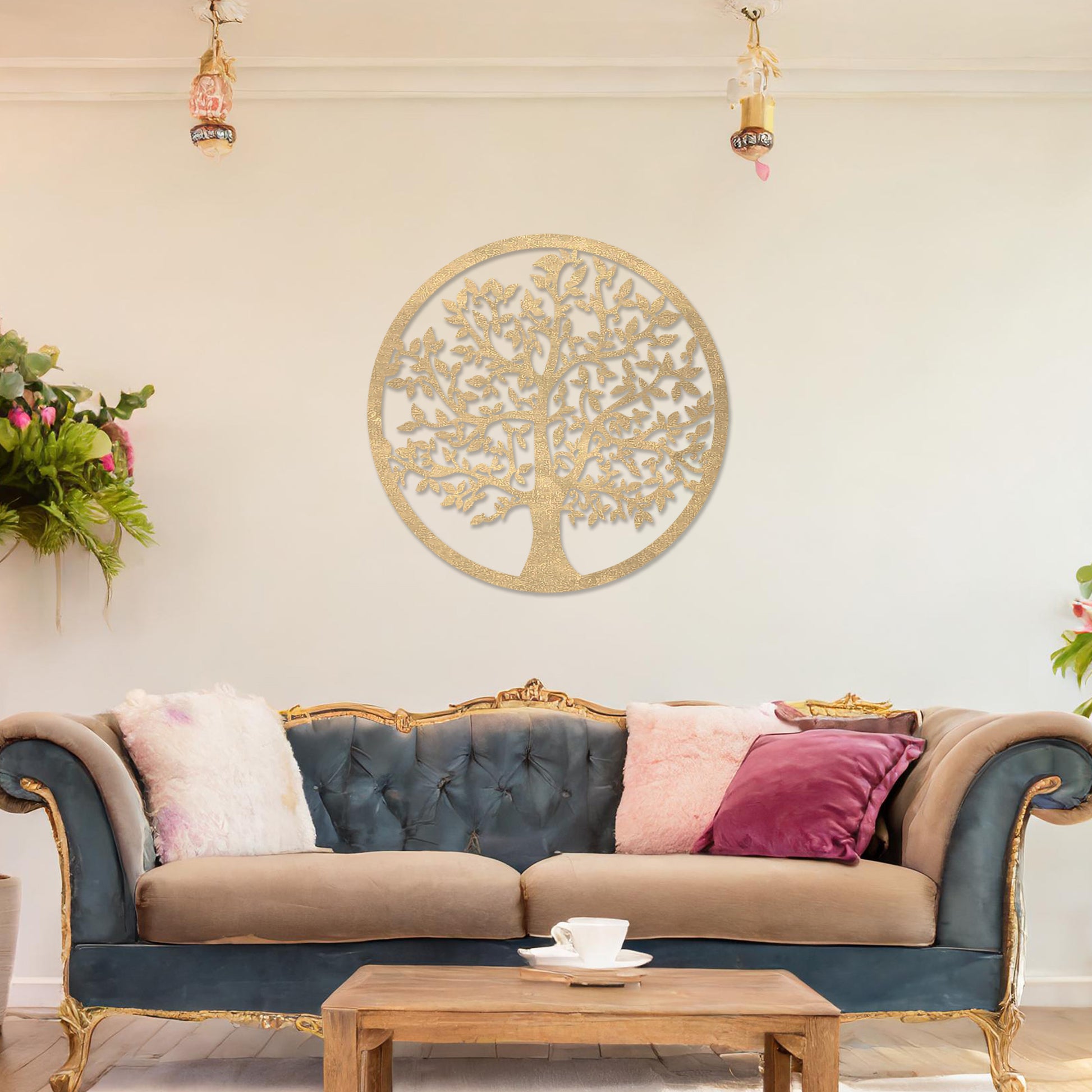 Wooden wall art featuring a circular design with an intricately detailed tree of life motif. The artwork is displayed on a neutral wall within modern room decor, highlighting its symbolic and artistic appeal.