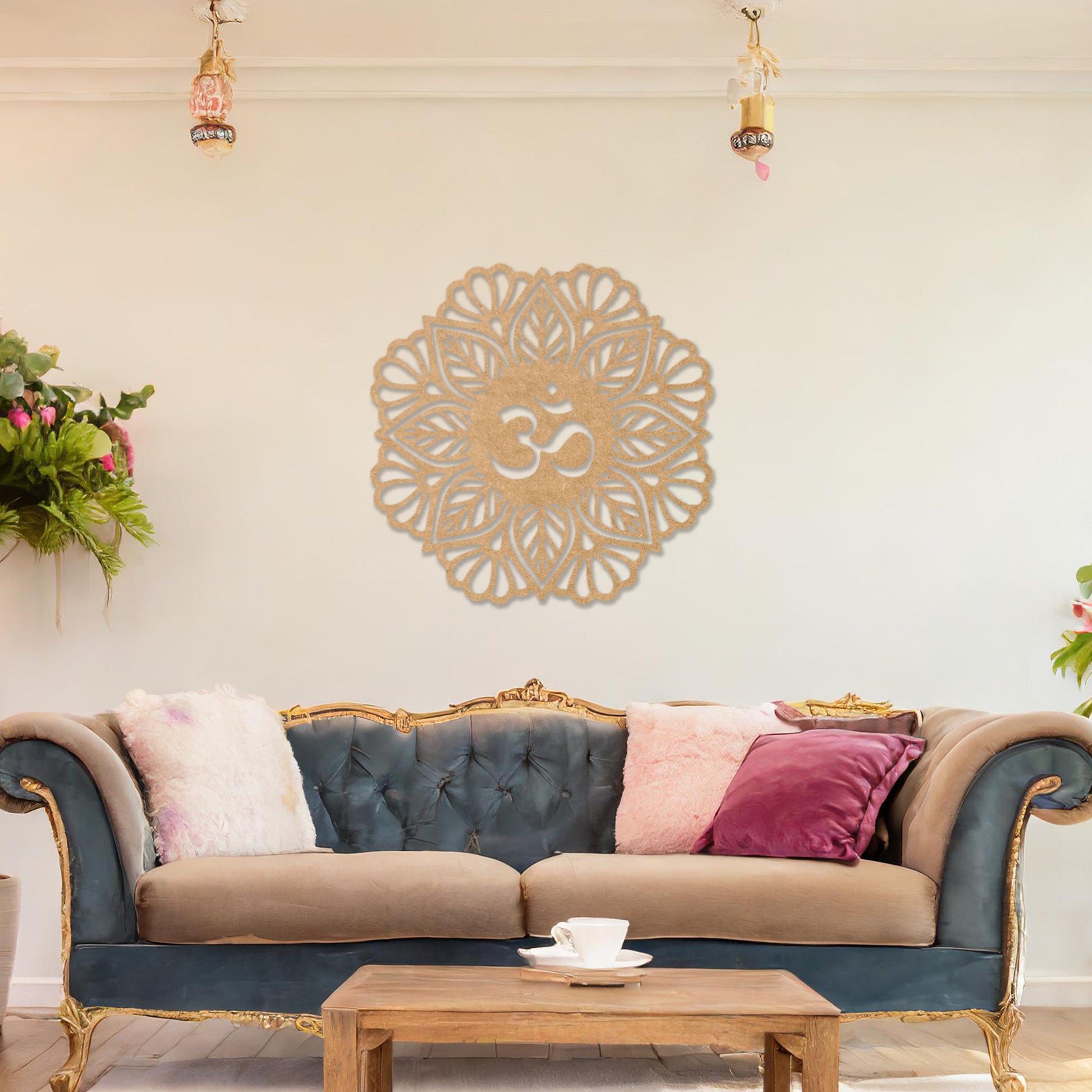 Wooden wall art featuring a mandala design with a central "Om" symbol surrounded by intricate floral and geometric patterns. The artwork is displayed on a neutral wall within modern room decor, highlighting its spiritual and artistic elegance.