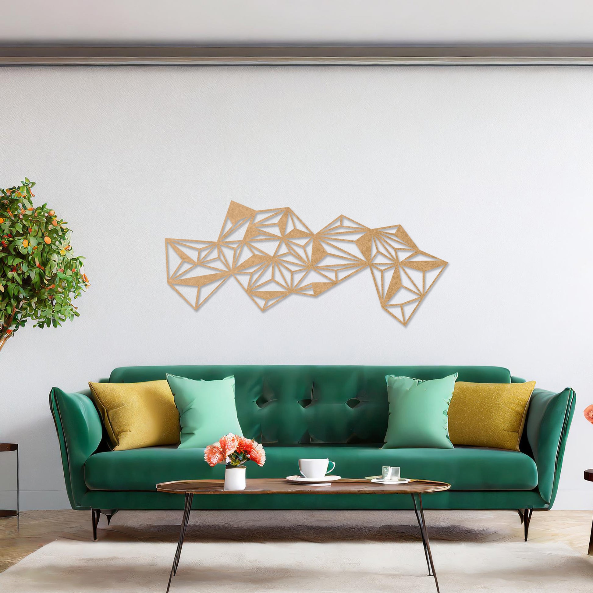 The design features an abstract arrangement of interlocking triangles, forming a dynamic, geometric pattern. Its sharp lines and angles create a bold, modern look, perfect for contemporary spaces.