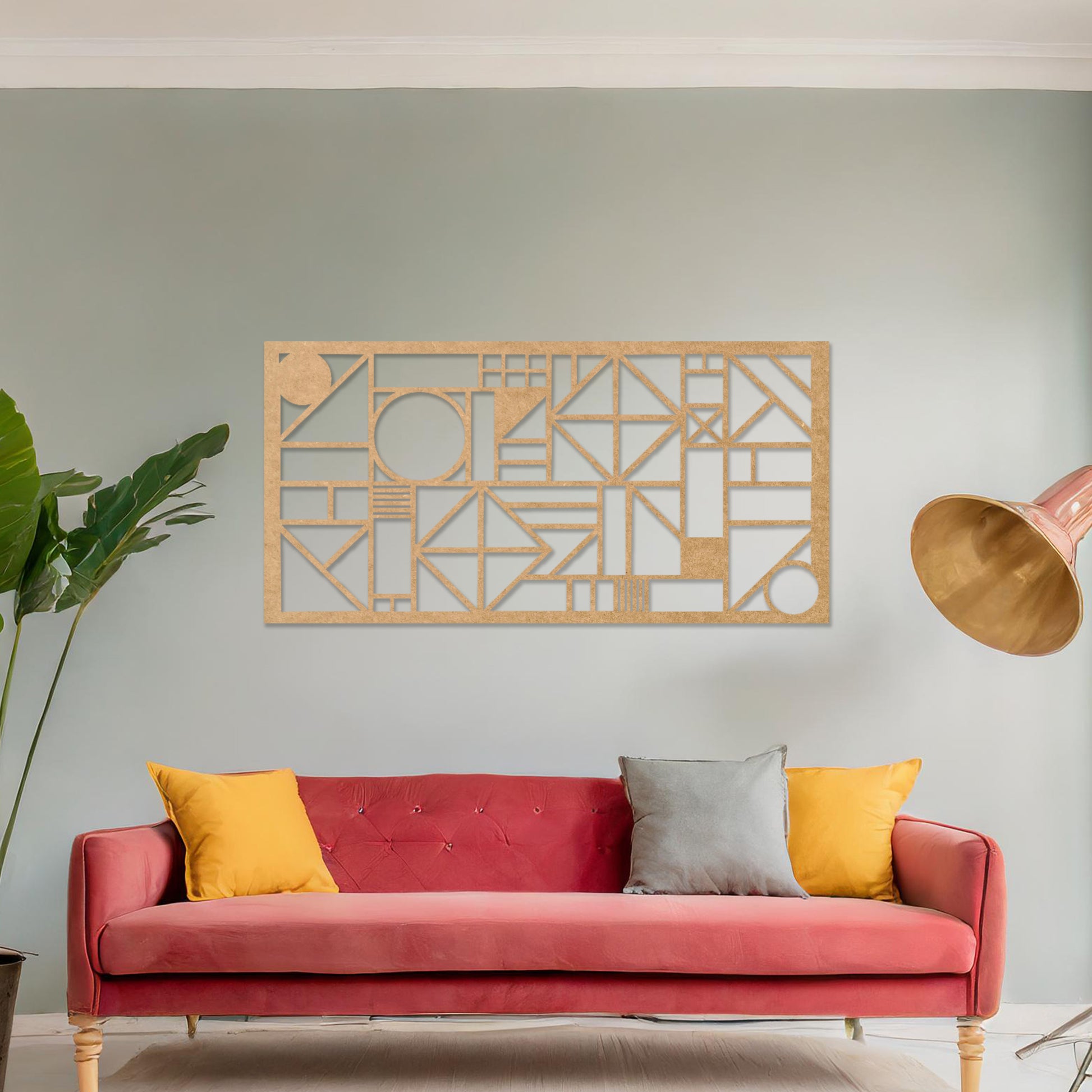 Wooden wall art design featuring a geometric composition with abstract shapes and patterns, placed on a neutral wall within modern room decor. The design combines dynamic lines and forms for a bold, contemporary look.