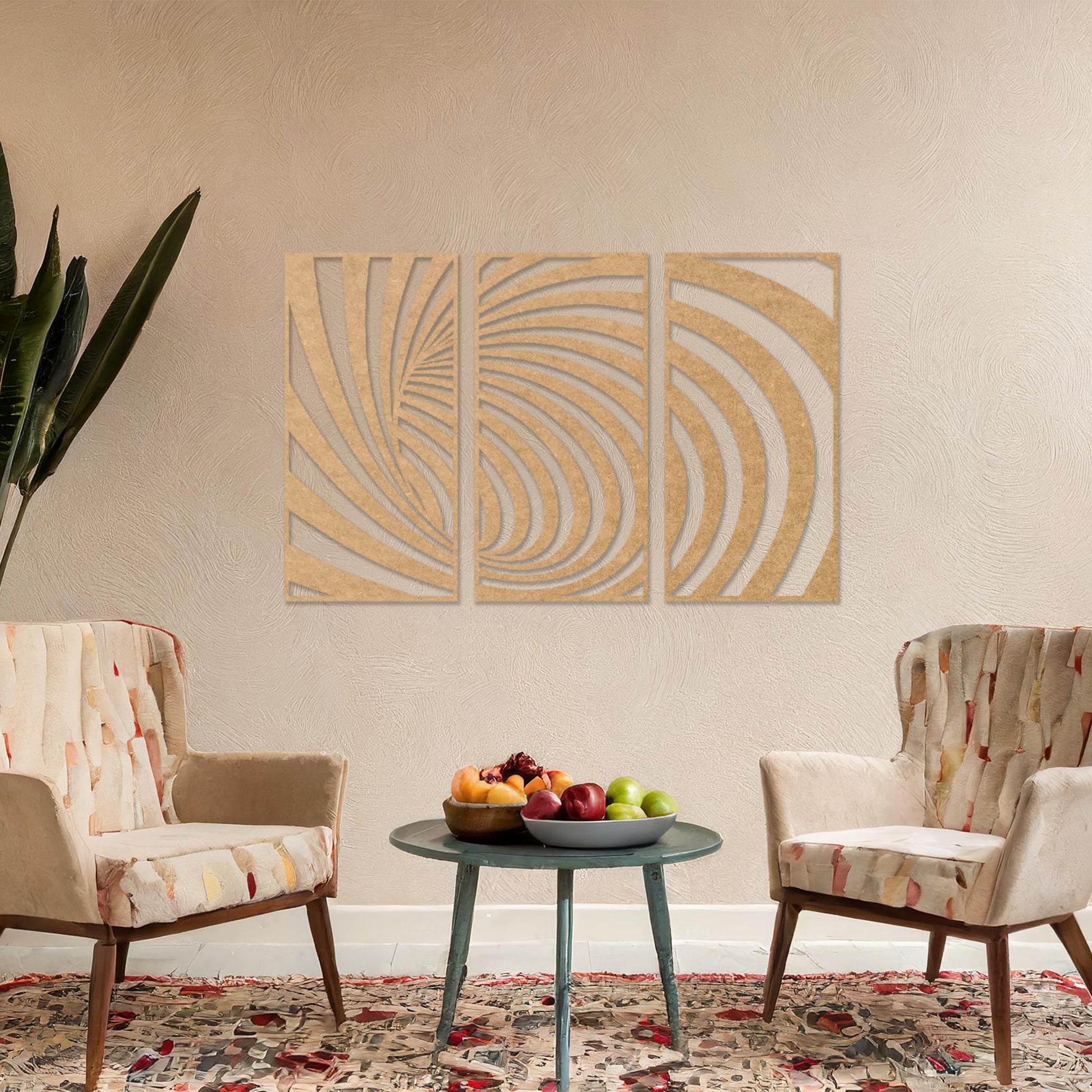 Wooden wall art comprising three panels with an abstract spiral design, displayed on a neutral wall within modern room decor, highlighting its bold and contemporary artistic craftsmanship.