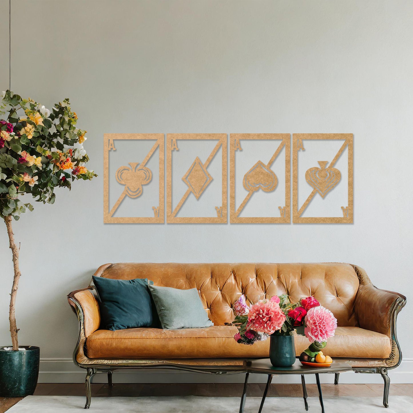 Wooden wall art featuring a set of four panels with playing card ace designs, each showcasing a club, diamond, heart, and spade symbol, displayed on a neutral wall within modern room decor, highlighting its bold and creative craftsmanship.