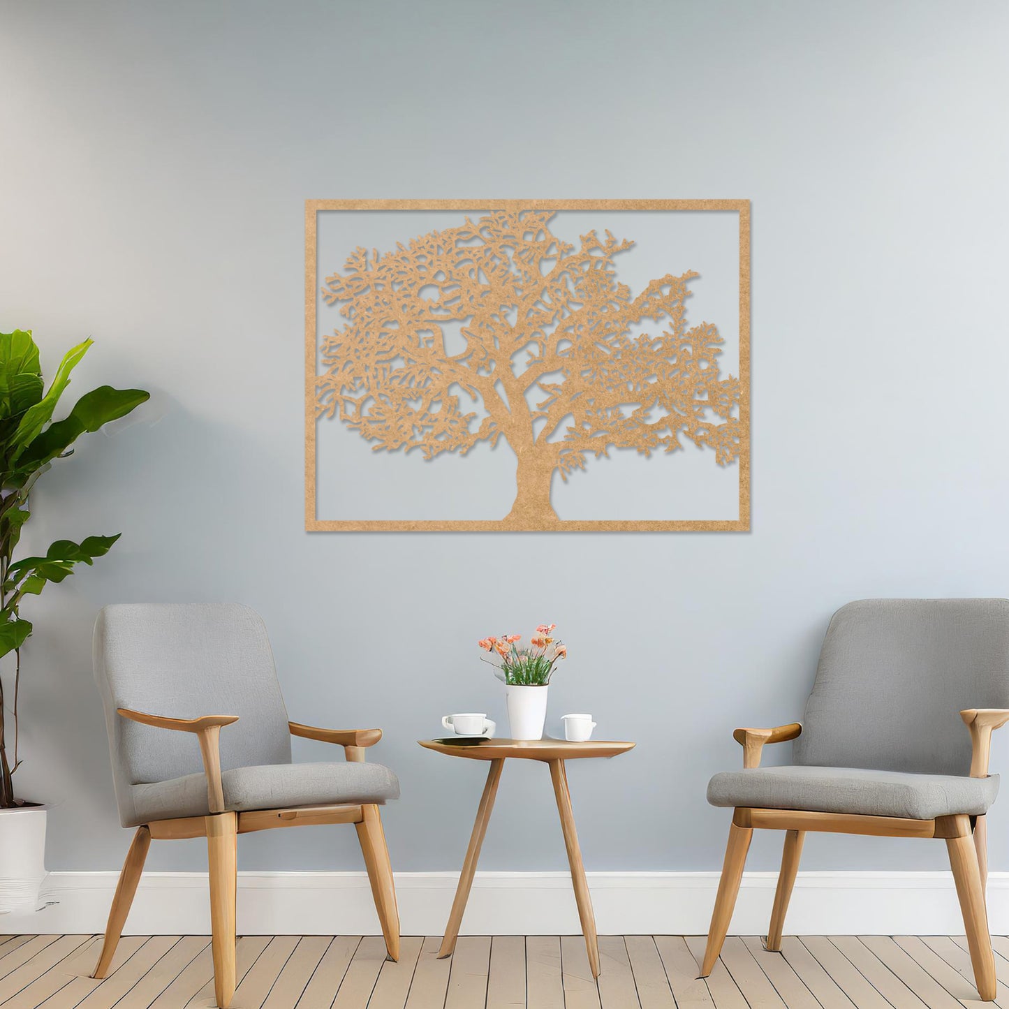 Wooden wall art featuring a rectangular tree design with detailed branches and leaves, displayed on a neutral wall within modern room decor, showcasing its natural and intricate craftsmanship.