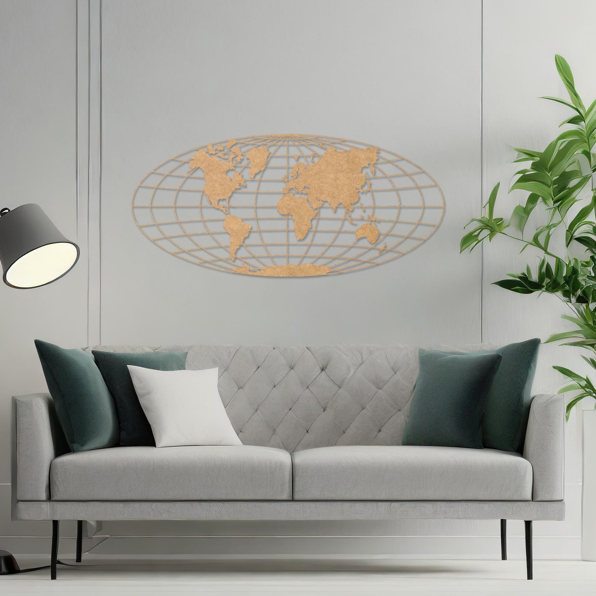 Wooden wall art featuring an oval world map design with detailed continents outlined on a grid, displayed on a neutral wall within modern room decor, showcasing its elegant and contemporary craftsmanship.
