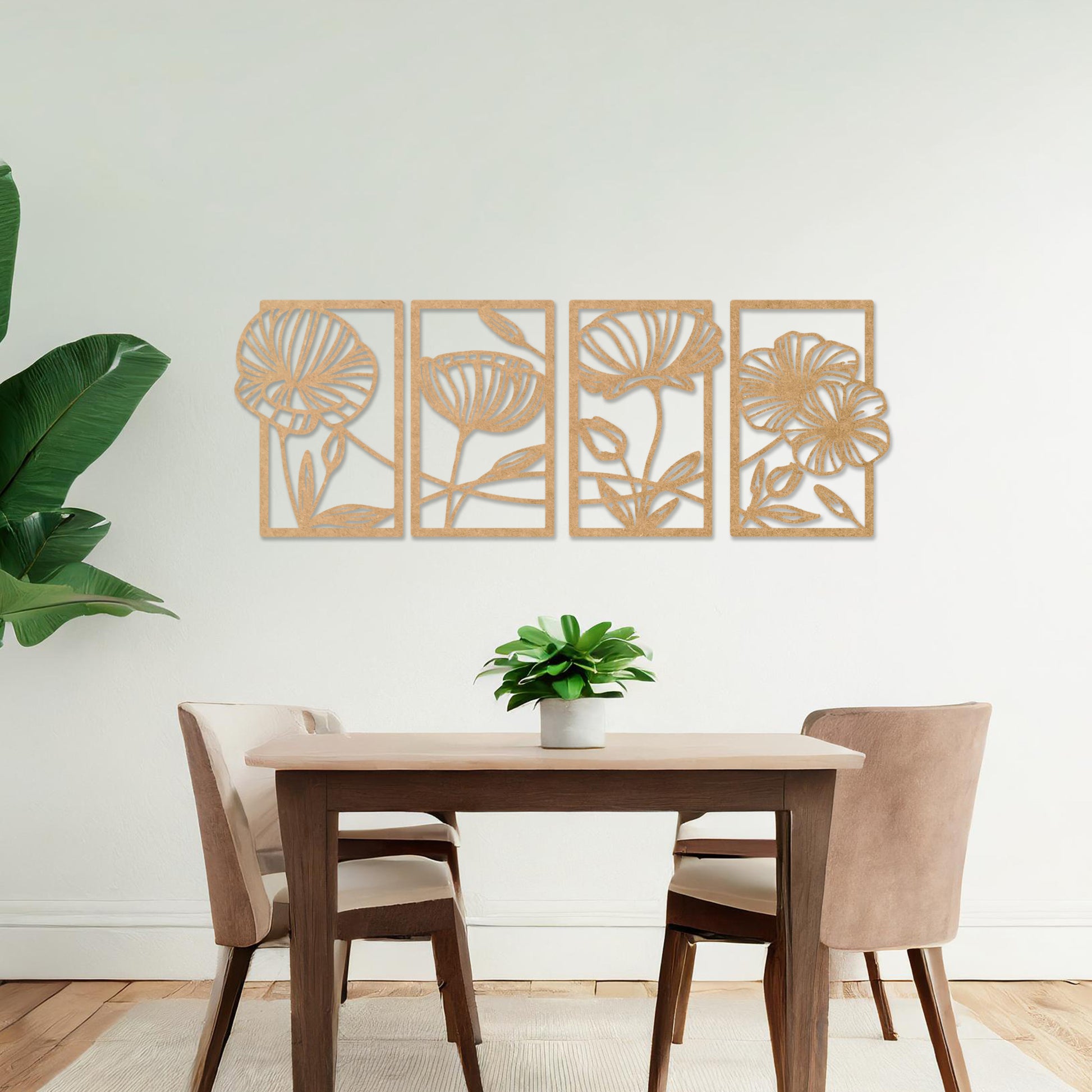 Wooden wall art featuring a four-panel design with intricate floral patterns of blooming flowers and leaves. The artwork is displayed on a neutral wall within modern room decor, highlighting its natural and elegant aesthetic.