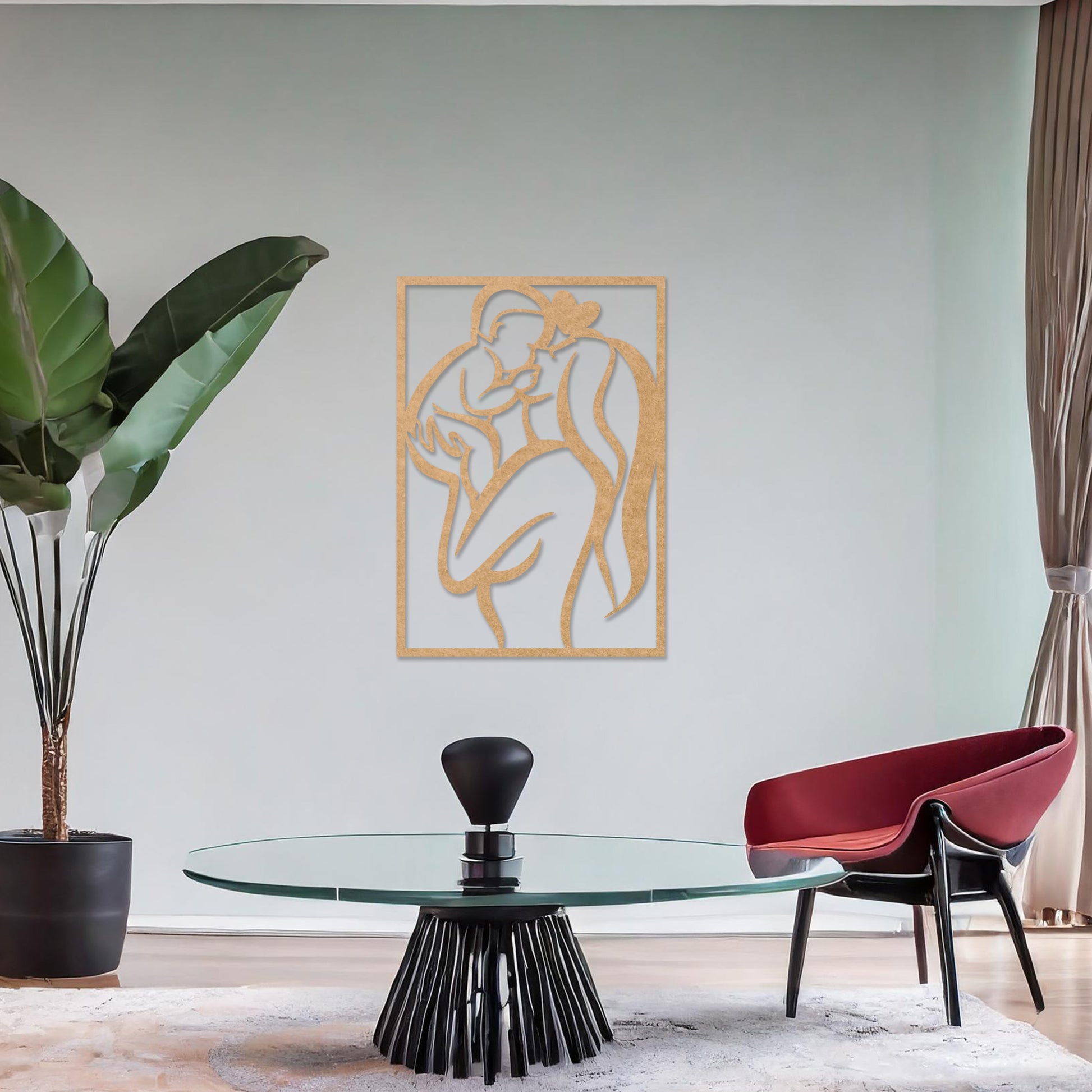 Wooden wall art featuring a rectangular design depicting a mother holding her baby in an abstract and heartfelt style. The artwork is displayed on a neutral wall within modern room decor, highlighting its emotional and artistic essence.