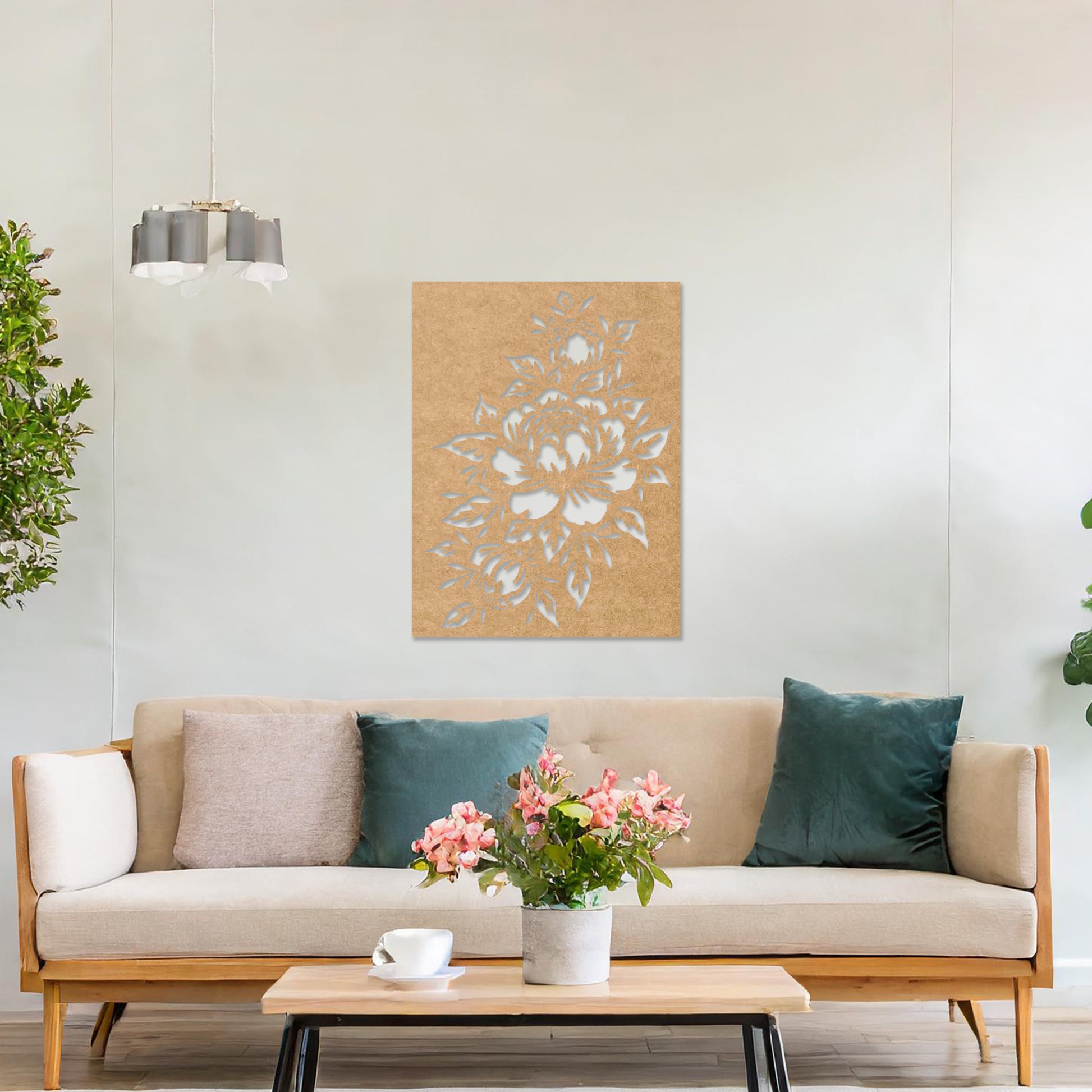 Wall art featuring a detailed floral design with blooming peonies and intricate leaves. The piece is mounted on a neutral wall within modern room decor, adding a touch of natural elegance to the space.