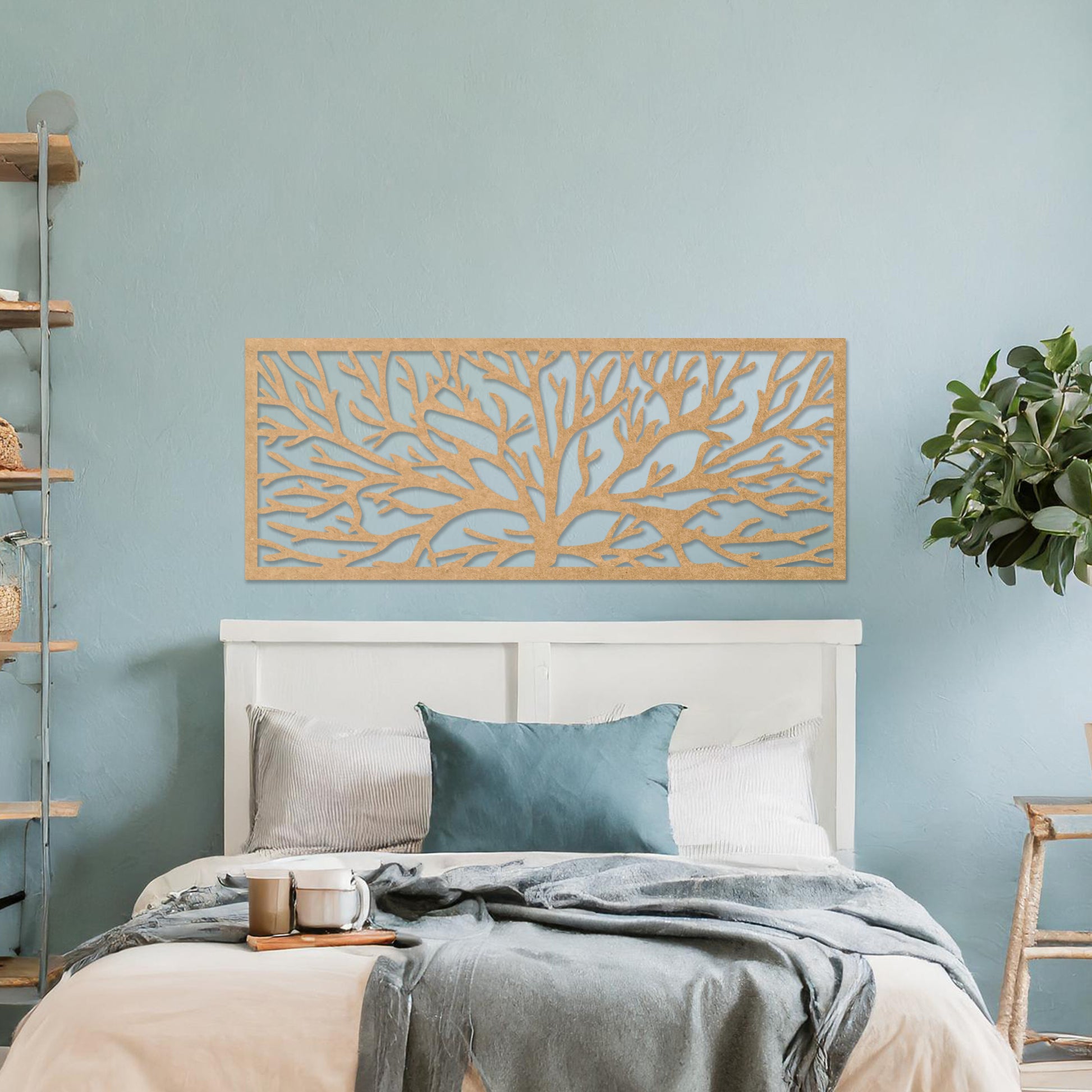 Wall art featuring a horizontal tree branch design with intricate and detailed branching patterns. The piece is displayed on a neutral wall within modern office decor, adding a natural and contemporary element to the space.