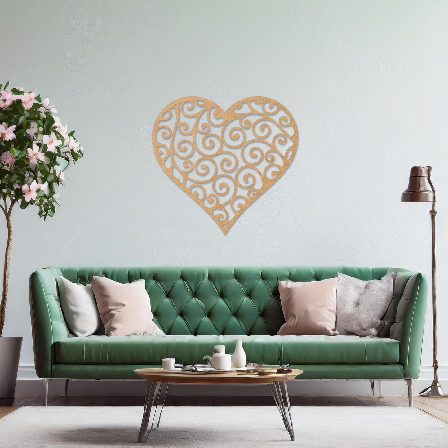Wooden wall art featuring a heart-shaped design with intricate swirling patterns, displayed on a neutral wall within modern room decor, showcasing its elegant and artistic craftsmanship.