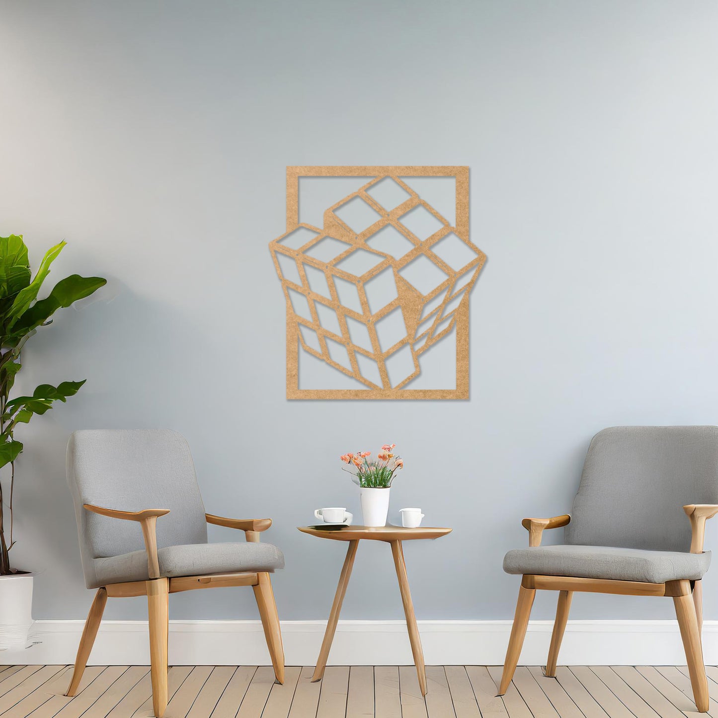 Wooden wall art featuring a three-dimensional geometric cube design, displayed on a neutral wall within modern room decor, highlighting its bold and contemporary craftsmanship.