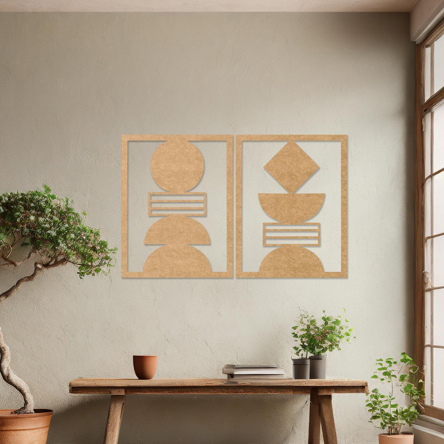 Wall art featuring a set of two geometric abstract designs, each framed with symmetrical shapes and minimalist patterns. The pieces are displayed on a neutral wall within modern room decor, enhancing the contemporary aesthetic.