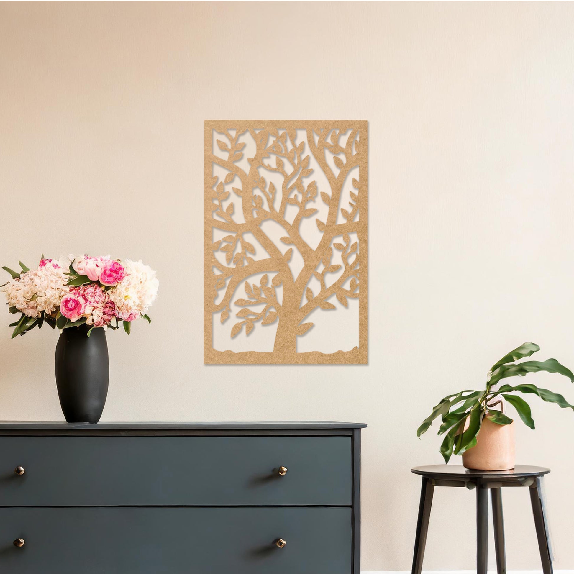 This design features a tree with intricate branches and leaves within a rectangular frame, offering a natural and serene aesthetic. It brings a sense of growth and harmony to modern interiors.