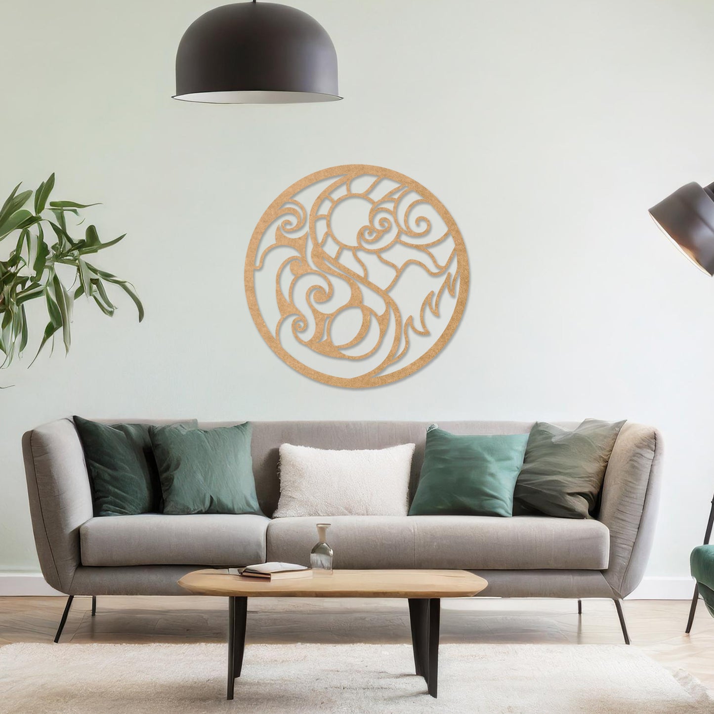 Wall art featuring a circular design with intricate swirls and flame-like patterns, combining fluid and dynamic elements. The piece is displayed on a neutral wall within modern decor, adding a bold and artistic focal point to the space.