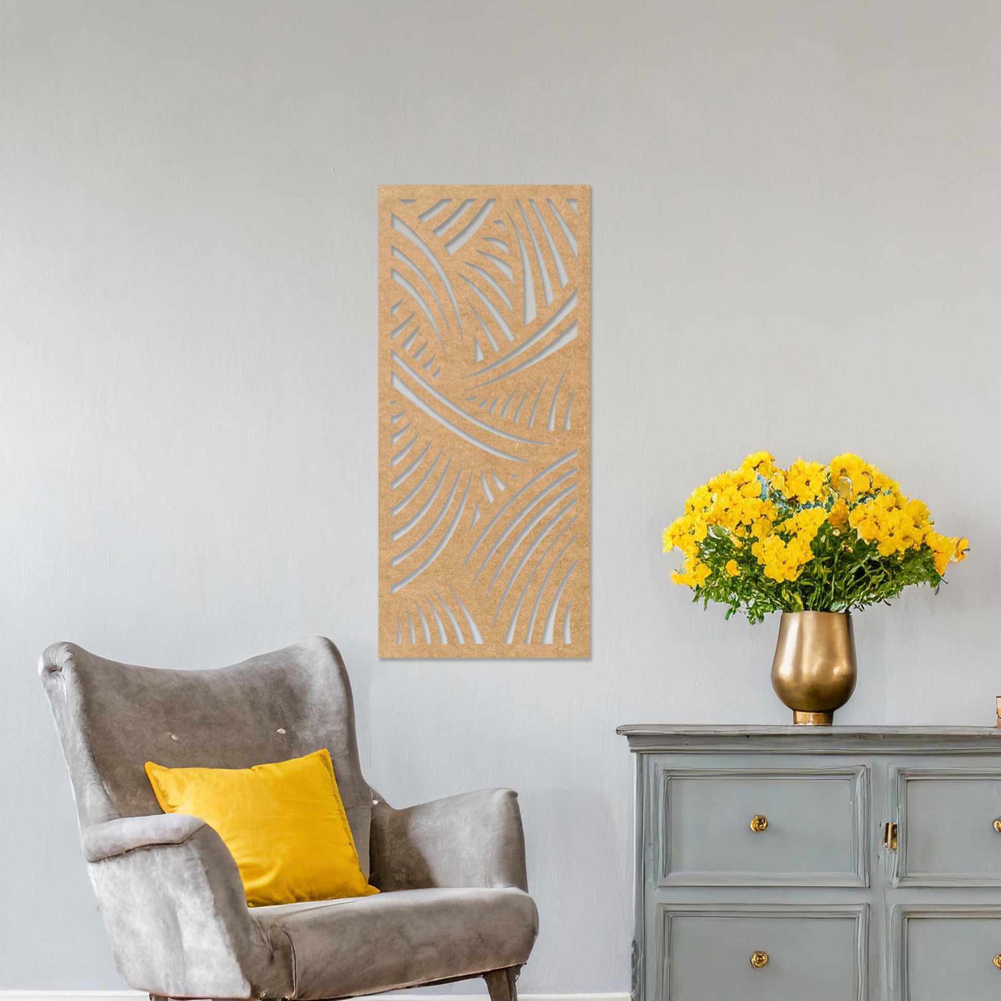 Wall art featuring an abstract design with intersecting curved lines creating a dynamic pattern. The piece is displayed on a neutral wall within modern decor, adding a bold and artistic statement to the space.