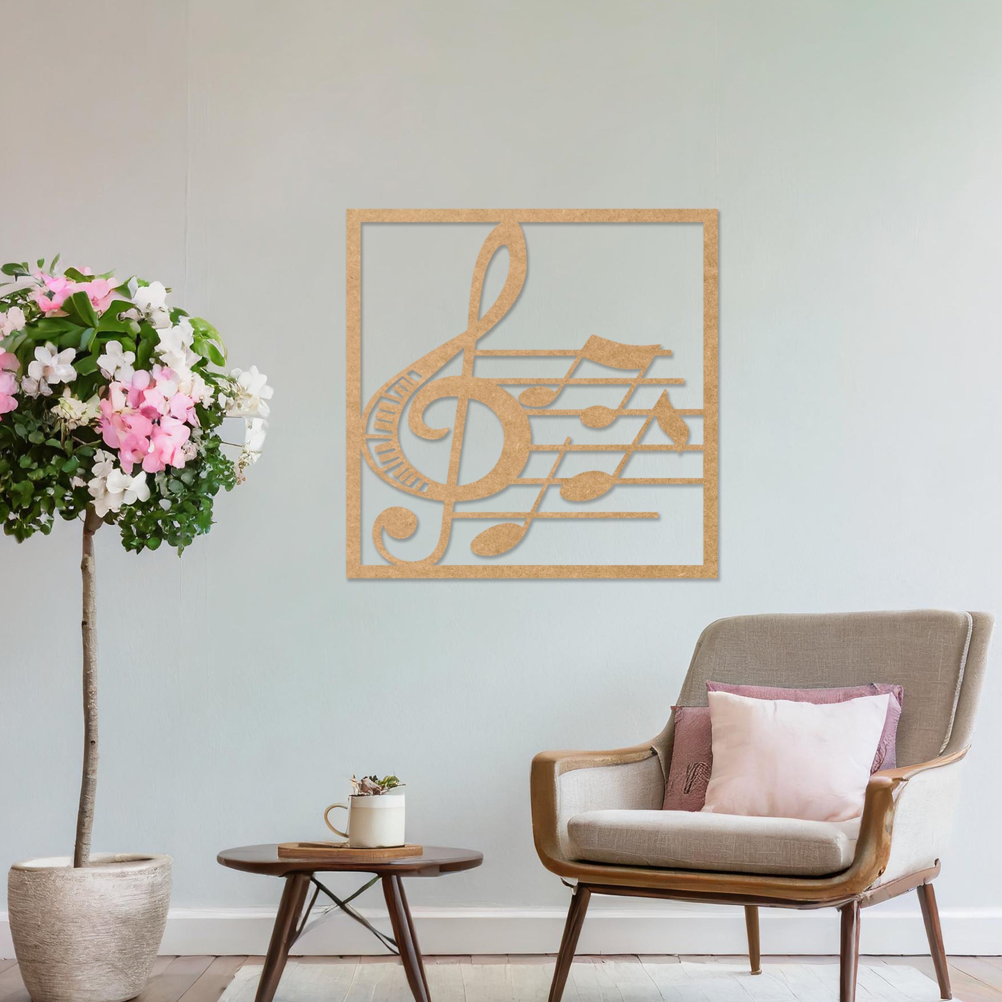 Wooden wall art featuring a musical design with a treble clef, musical notes, and staff lines, displayed on a neutral wall within modern room decor, highlighting its artistic and creative craftsmanship.
