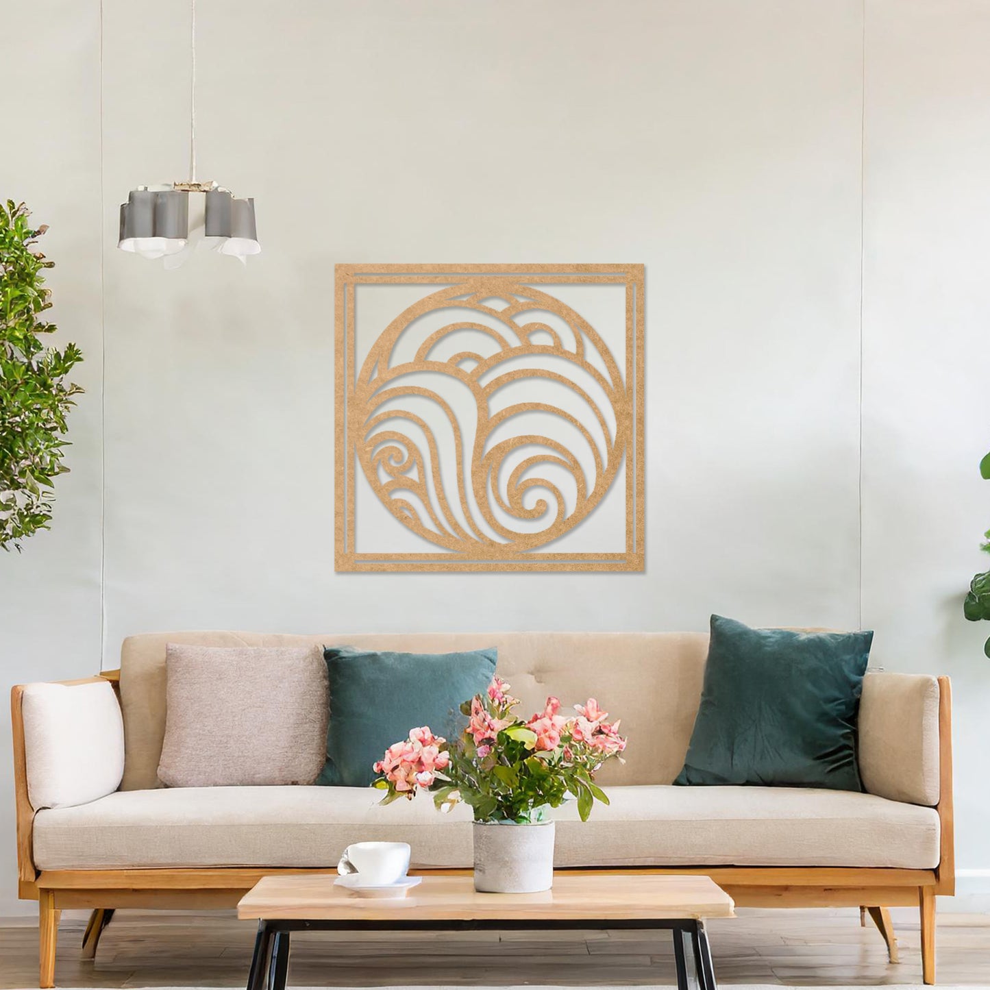 Wooden wall art design featuring a circular composition with flowing, wave-like patterns, placed on a neutral wall within modern room decor. The design evokes a sense of movement and balance with its rhythmic curves.