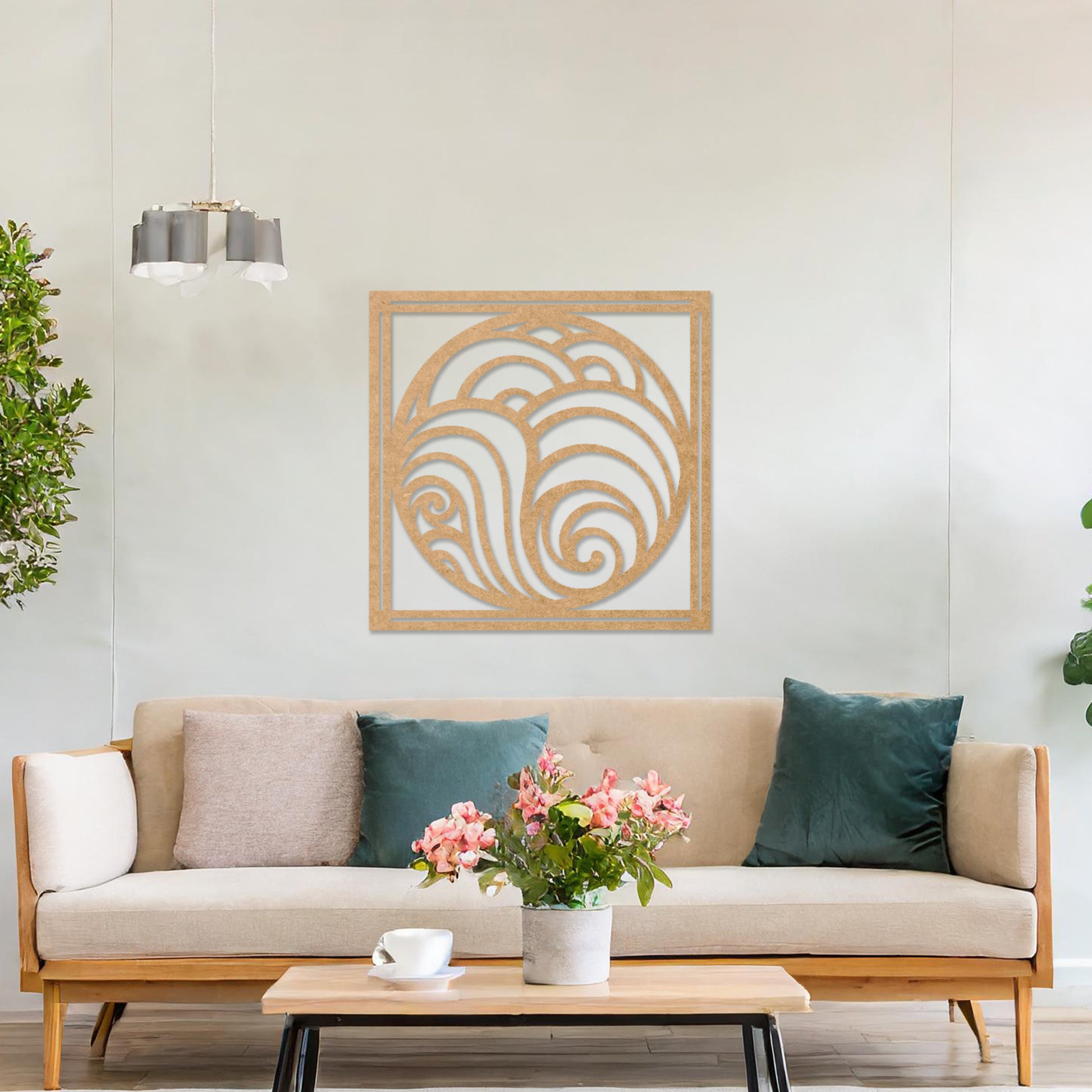 Wooden wall art design featuring a circular composition with flowing, wave-like patterns, placed on a neutral wall within modern room decor. The design evokes a sense of movement and balance with its rhythmic curves.