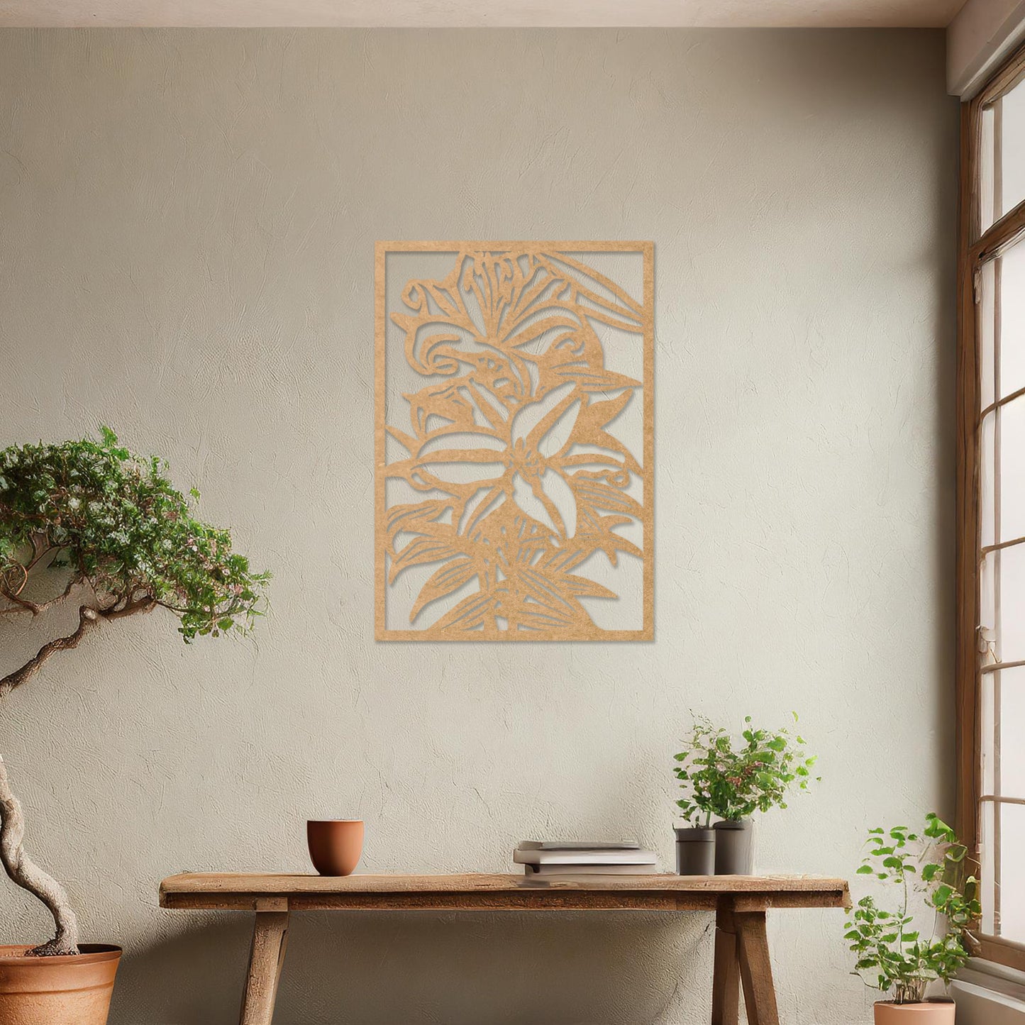 Wall art featuring a botanical design of blooming lilies with intricate details of petals and leaves. The artwork is displayed on a neutral wall within modern room decor, enhancing the space with a natural and elegant touch.