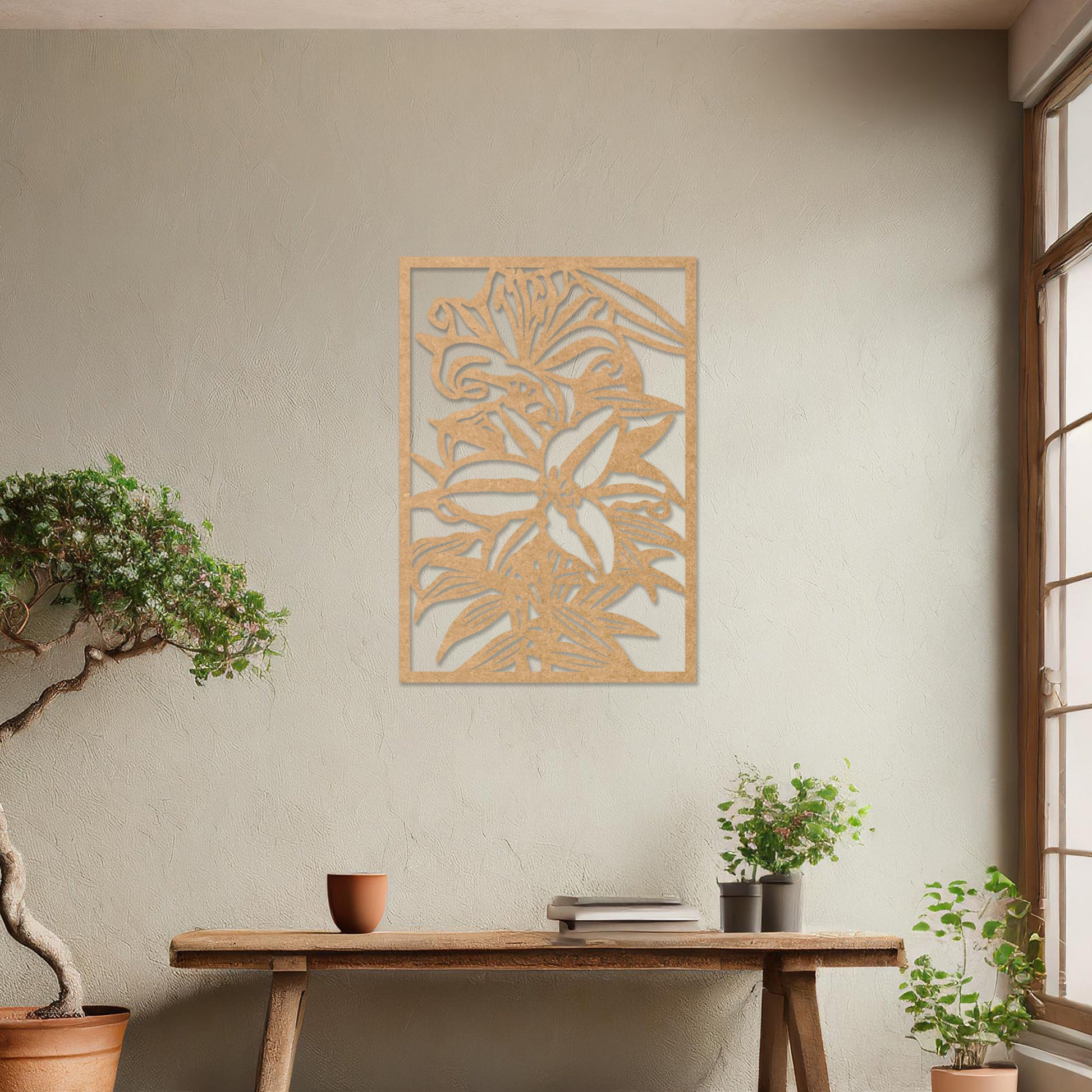 Wall art featuring a botanical design of blooming lilies with intricate details of petals and leaves. The artwork is displayed on a neutral wall within modern room decor, enhancing the space with a natural and elegant touch.