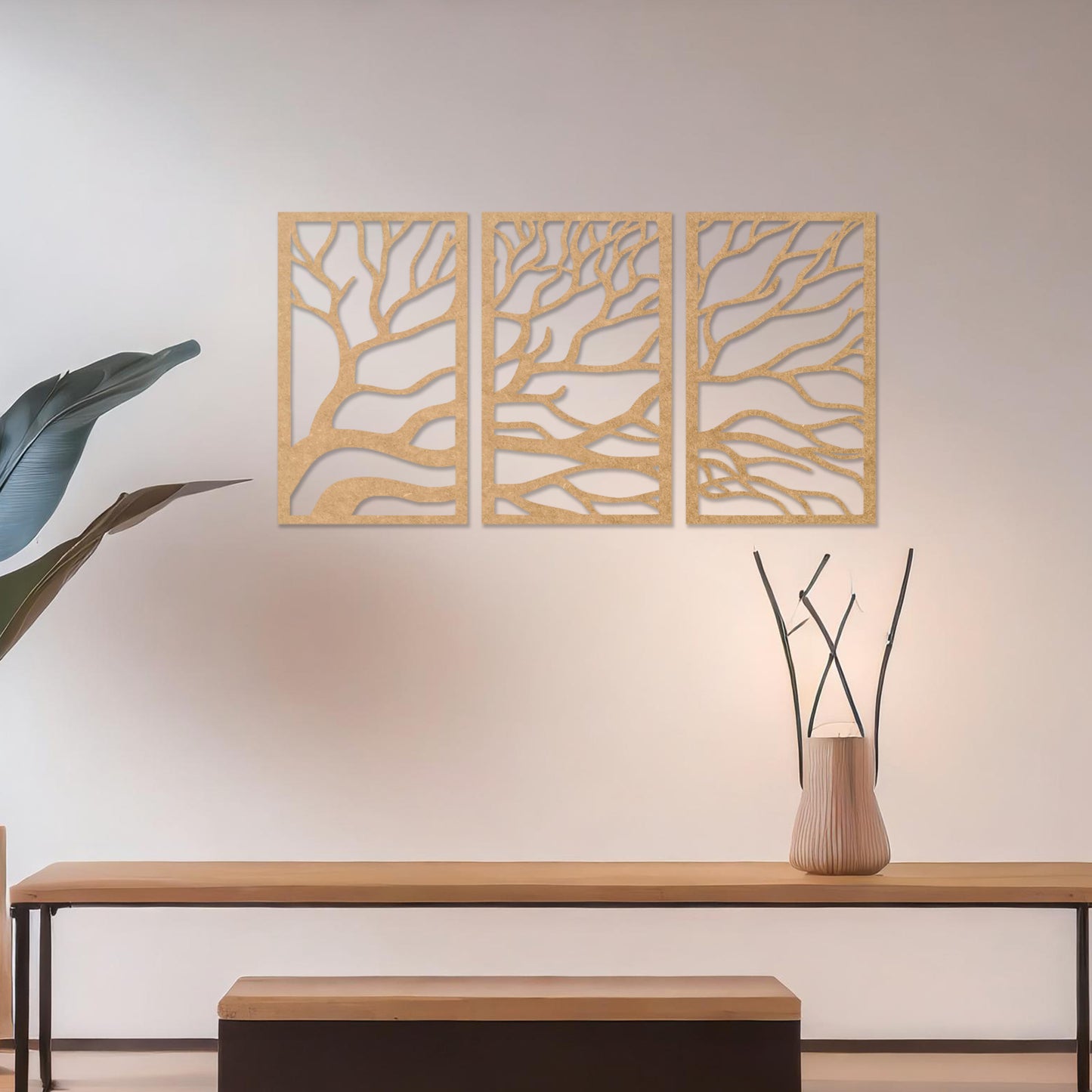 Three-panel wall art featuring intricate branching designs, creating a cohesive and flowing natural pattern. The artwork is displayed on a neutral wall in a modern room