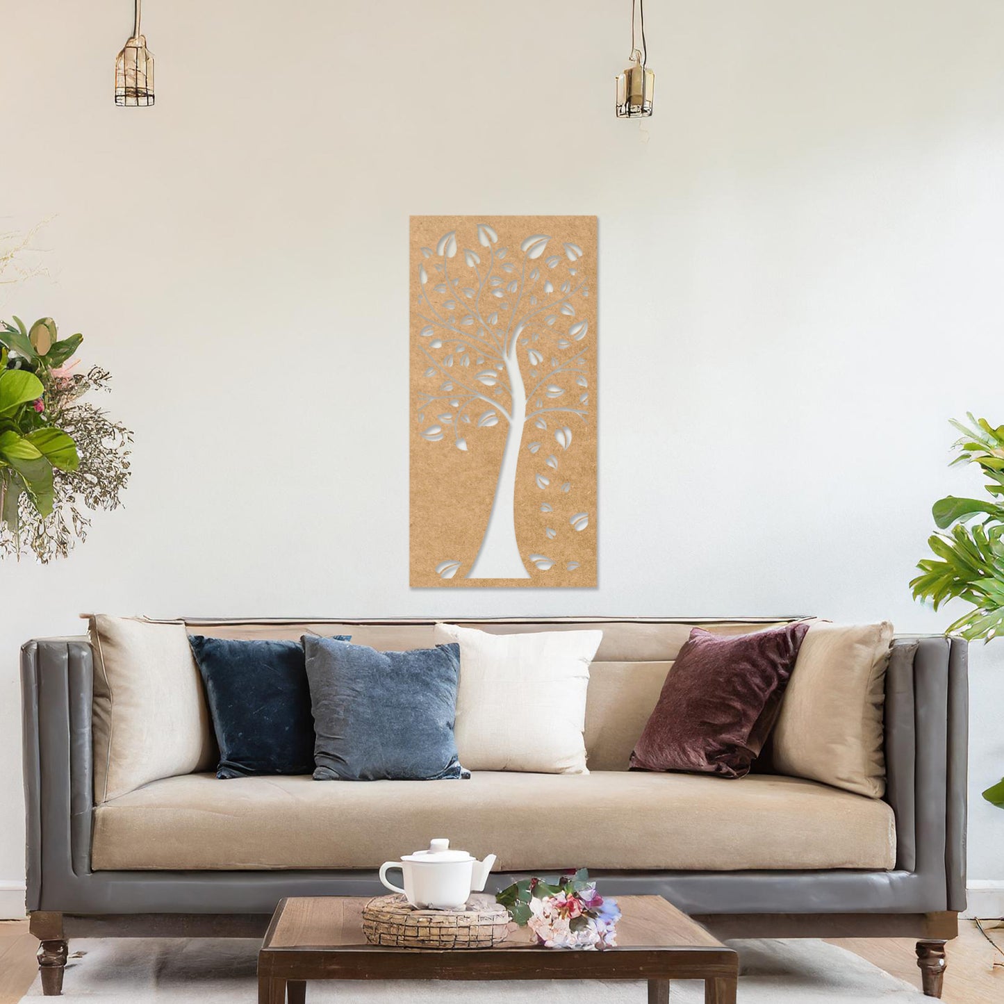 This design showcases a stylized tree with intricate branches and falling leaves, all within a vertical frame. The delicate detailing evokes natural beauty, adding an elegant touch to any modern room.