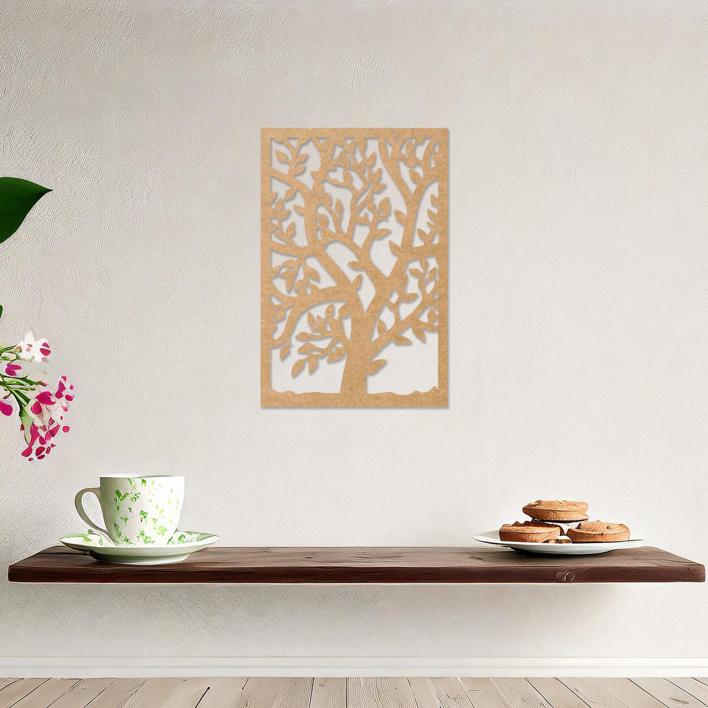 Wooden wall art featuring a rectangular design with an intricate tree motif, showcasing detailed branches and leaves. The artwork is displayed on a neutral wall within modern room decor, highlighting its natural elegance.