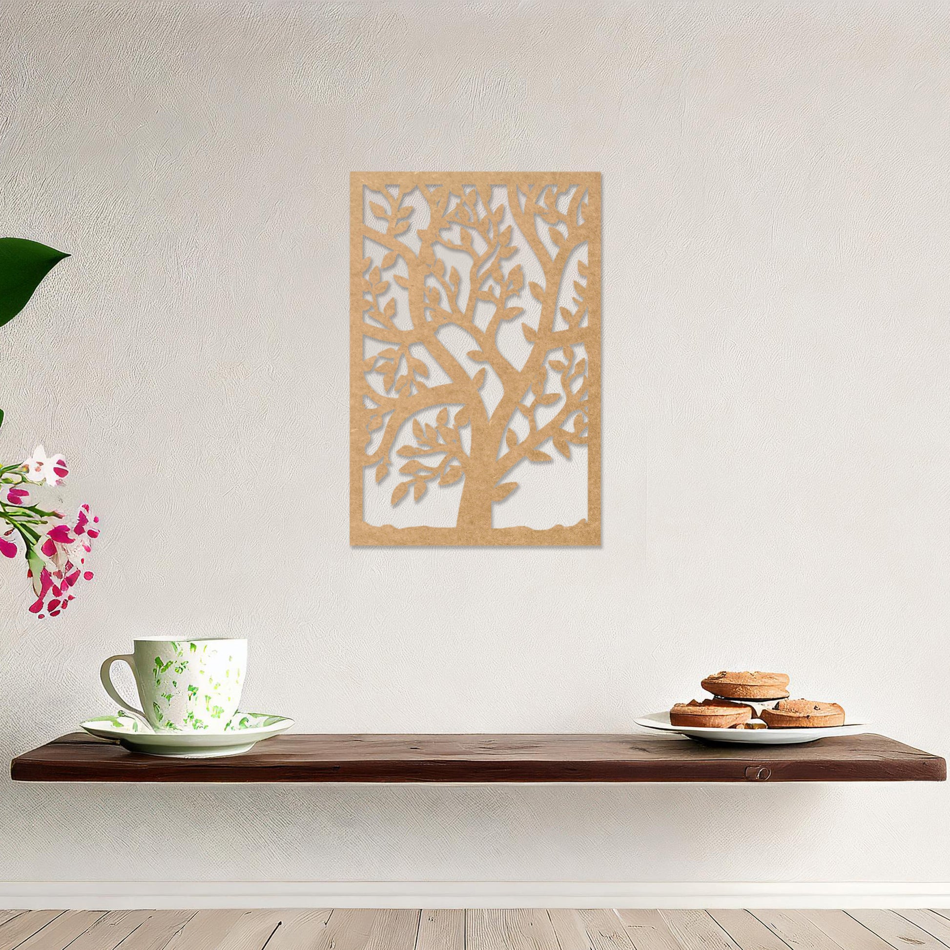Wooden wall art featuring a rectangular design with an intricate tree motif, showcasing detailed branches and leaves. The artwork is displayed on a neutral wall within modern room decor, highlighting its natural elegance.
