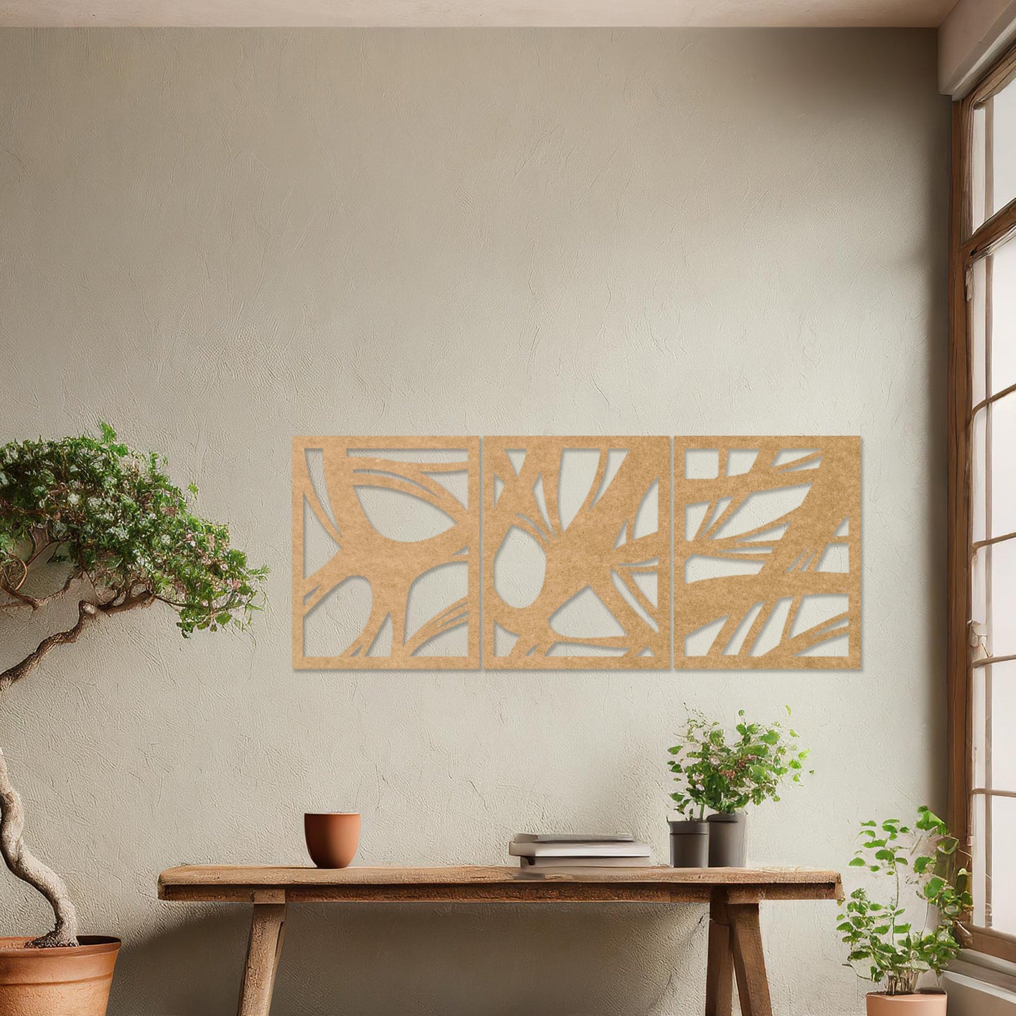 Wooden wall art design featuring a three-panel abstract composition with flowing, organic shapes and cutouts, placed on a neutral wall within modern room decor. The design blends dynamic movement and minimalism for a contemporary look.