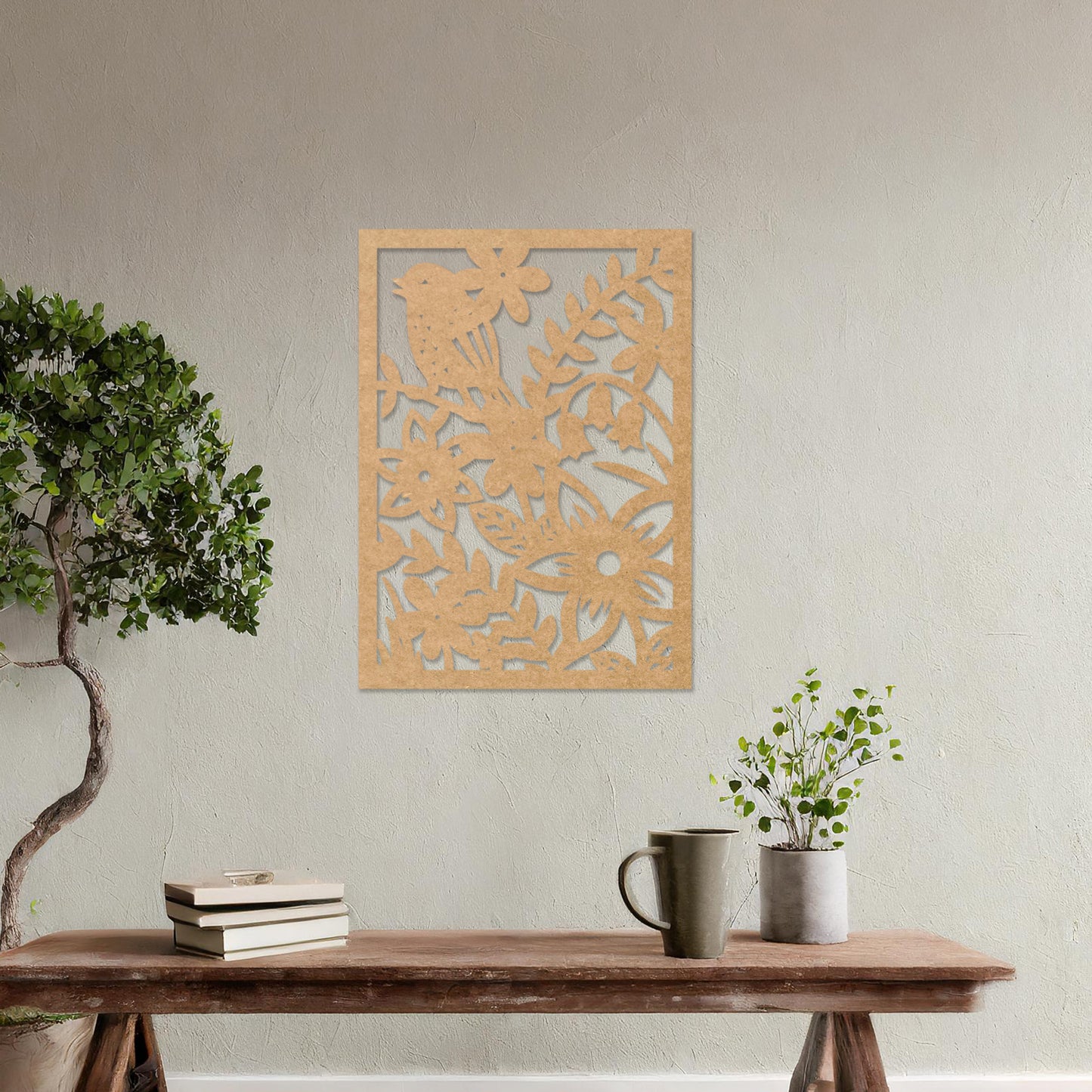 Wooden wall art design featuring a detailed scene with flowers and a bird, placed on a neutral wall within modern room decor. The design showcases nature-inspired elements, creating a balanced and harmonious aesthetic.