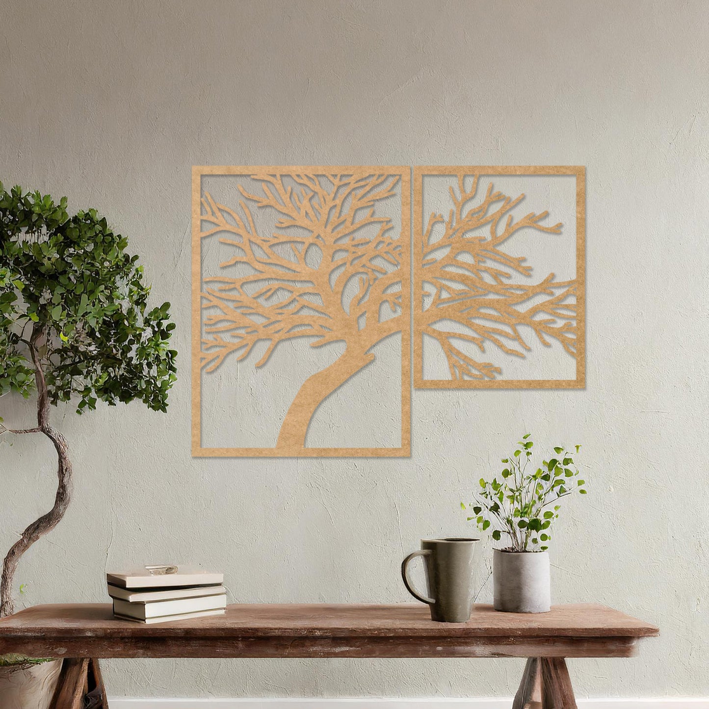 Wooden wall art design featuring a two-panel composition of a bare tree with intricate branches, placed on a neutral wall within modern room decor. The design captures natural beauty with a minimalist, elegant form.