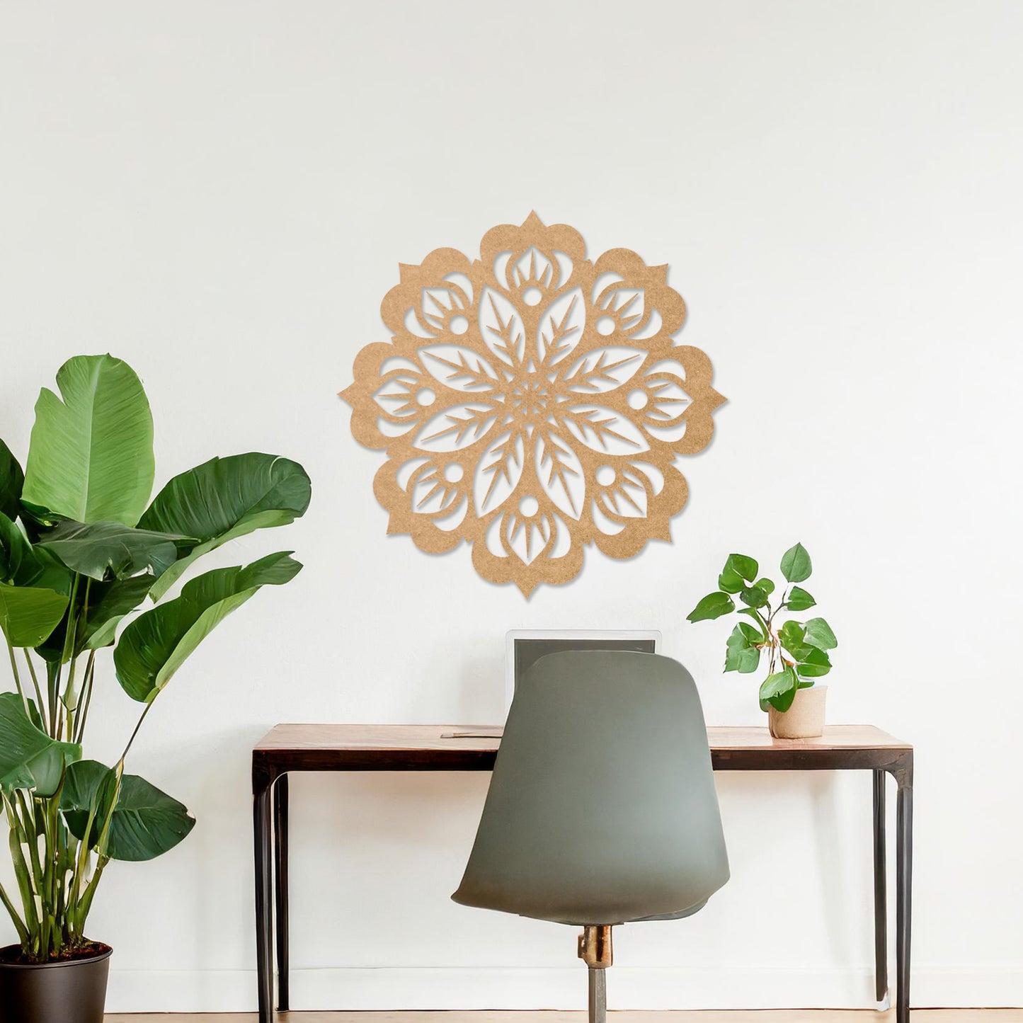 Wooden wall art featuring a circular mandala design with intricate floral and geometric patterns. The artwork is displayed on a neutral wall within modern room decor, highlighting its artistic and symmetrical elegance.