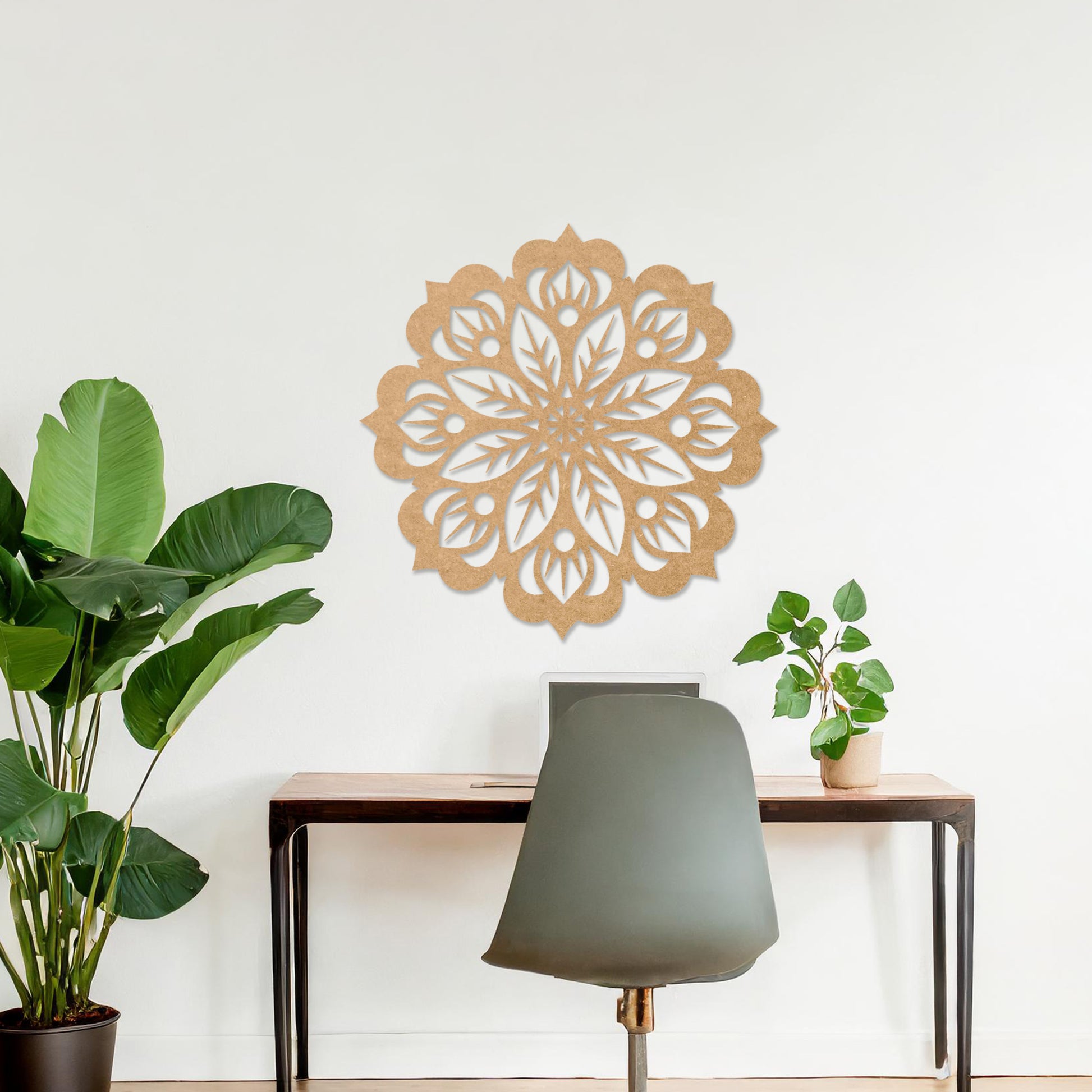 Wooden wall art featuring a circular mandala design with intricate floral and geometric patterns. The artwork is displayed on a neutral wall within modern room decor, highlighting its artistic and symmetrical elegance.