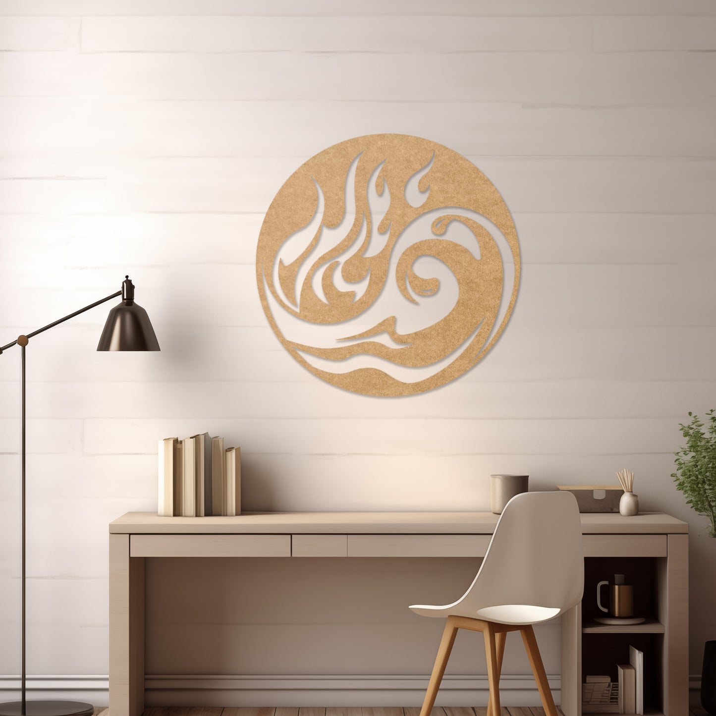 Wooden wall art featuring a circular design combining fire and wave motifs in a flowing, abstract style. The artwork is displayed on a neutral wall within modern room decor, highlighting its dynamic and artistic appeal.