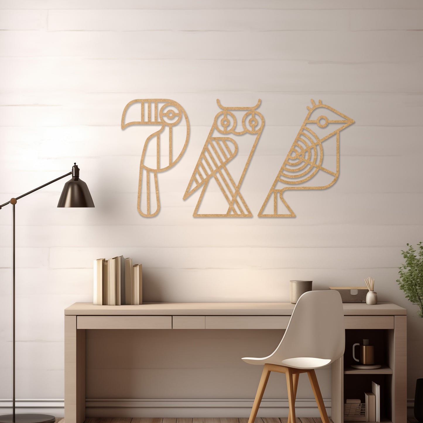 Wooden wall art featuring a trio of abstract geometric bird designs, including a toucan, an owl, and a sparrow. The artwork is displayed on a neutral wall within modern room decor, showcasing its playful and artistic charm.
