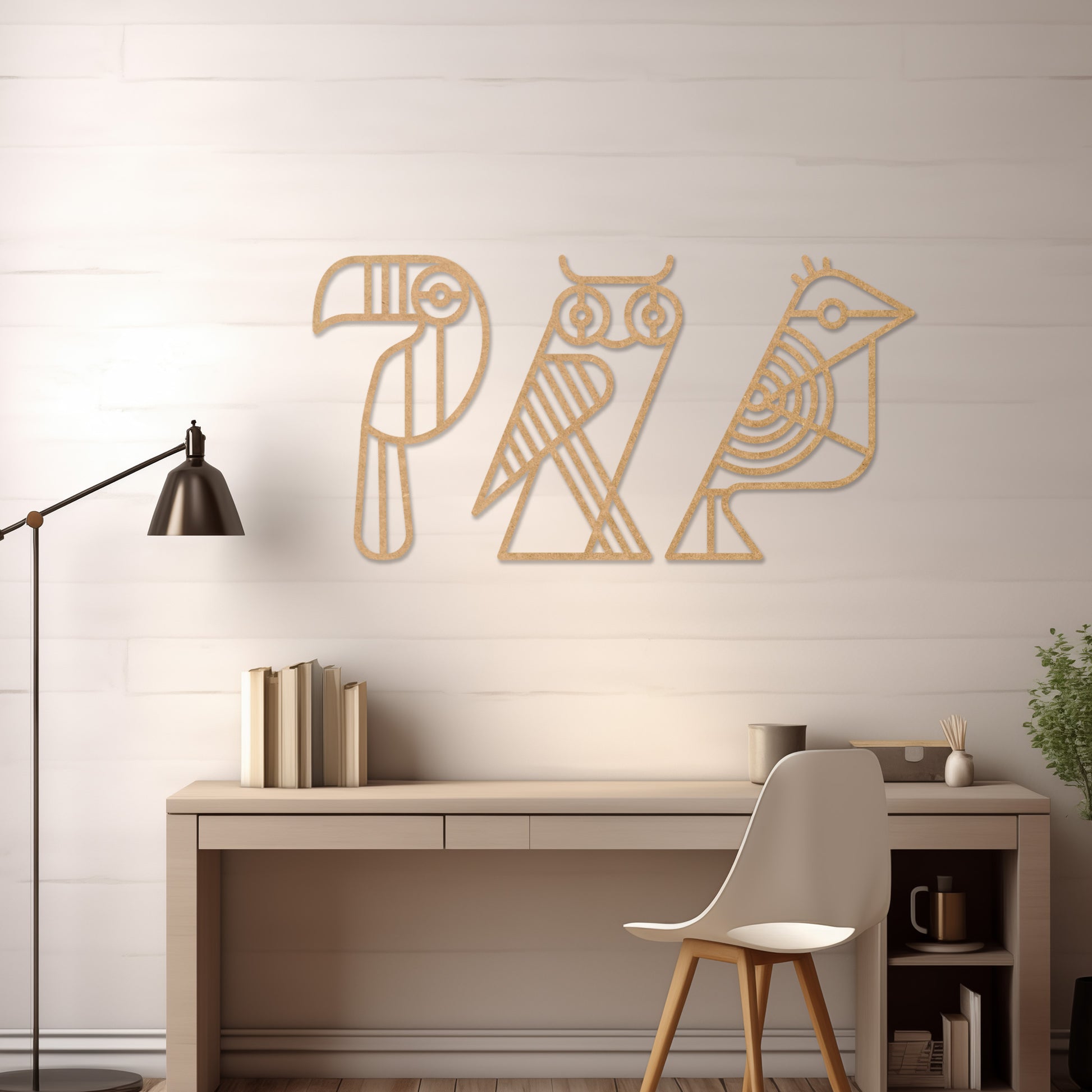 Wooden wall art featuring a trio of abstract geometric bird designs, including a toucan, an owl, and a sparrow. The artwork is displayed on a neutral wall within modern room decor, showcasing its playful and artistic charm.