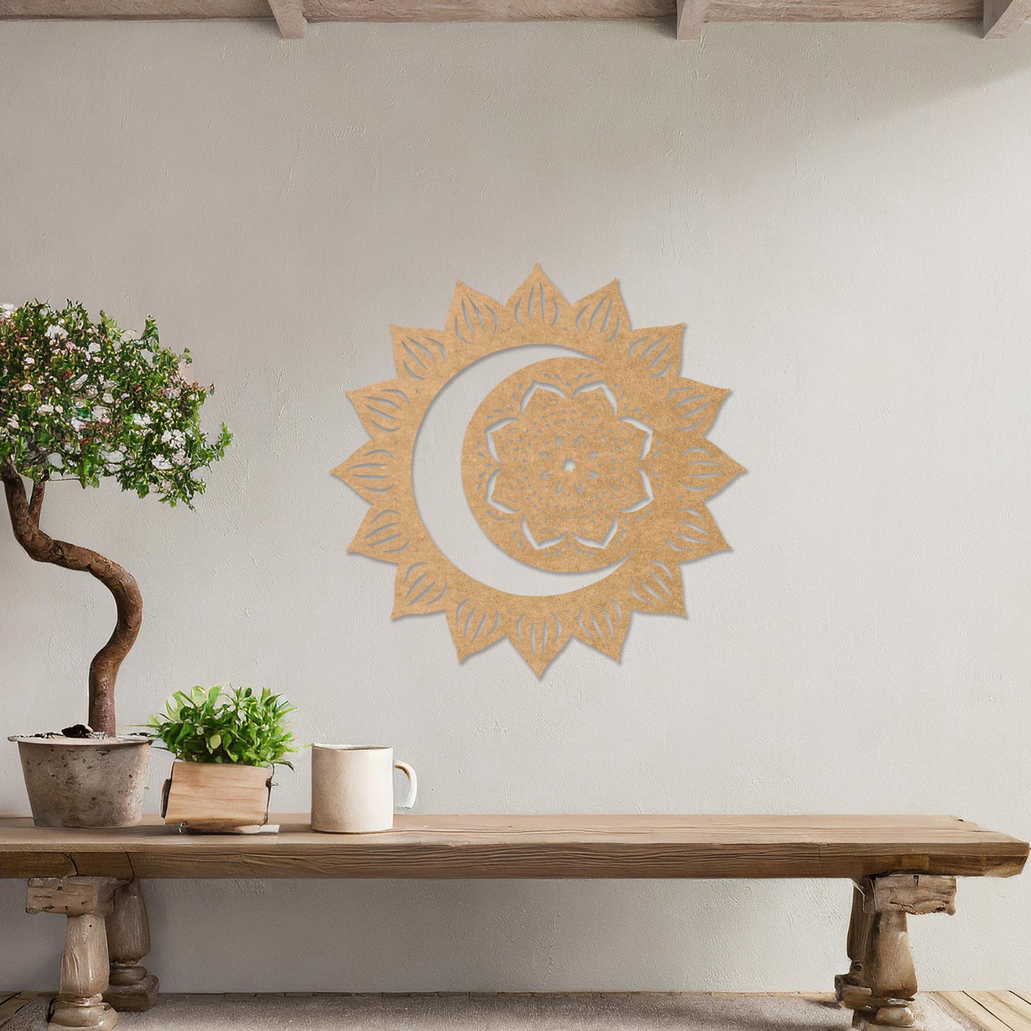 Wall art featuring a crescent moon surrounded by a mandala-inspired floral design with intricate details. The piece is displayed on a neutral wall within modern decor, adding a serene and decorative touch to the space.