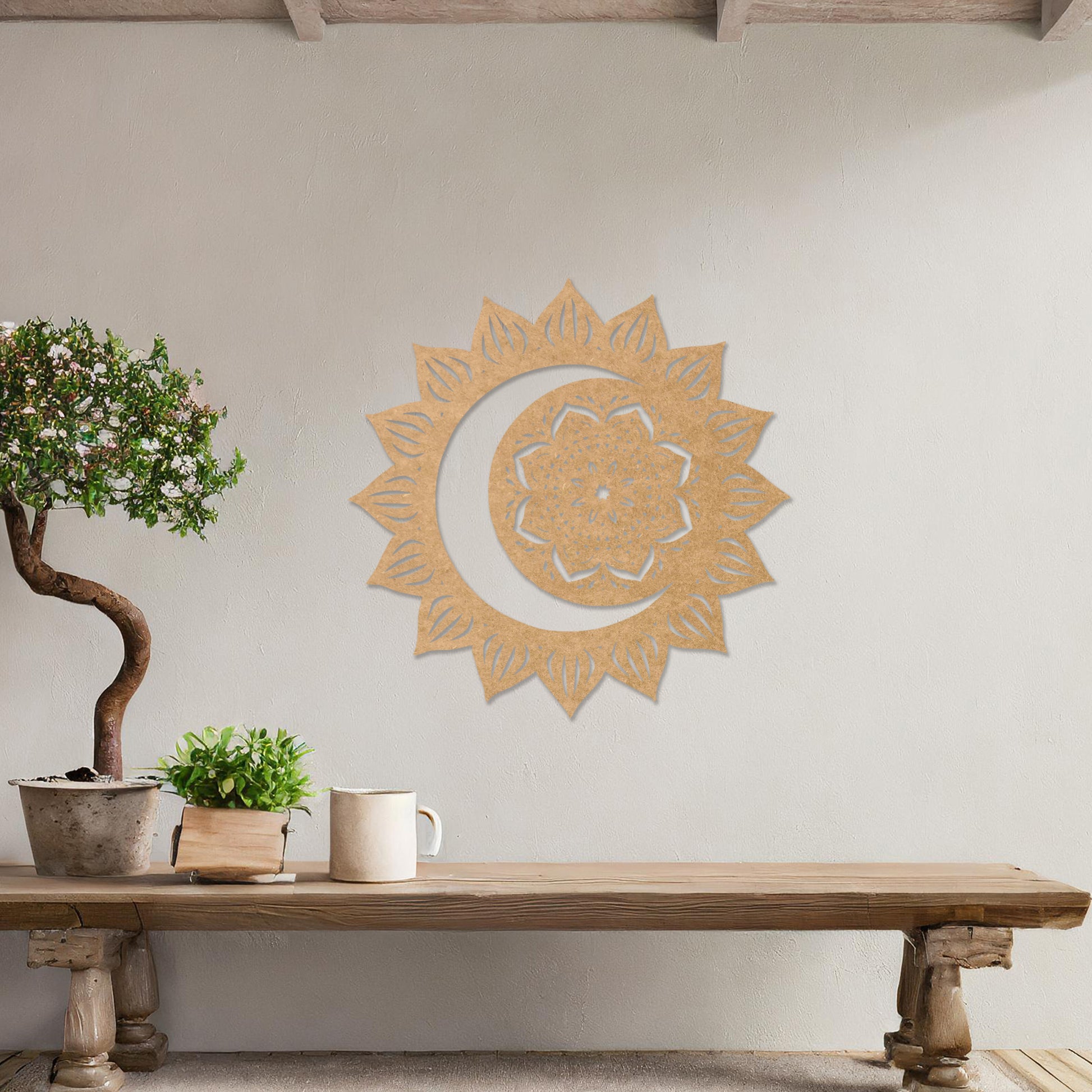 Wall art featuring a crescent moon surrounded by a mandala-inspired floral design with intricate details. The piece is displayed on a neutral wall within modern decor, adding a serene and decorative touch to the space.