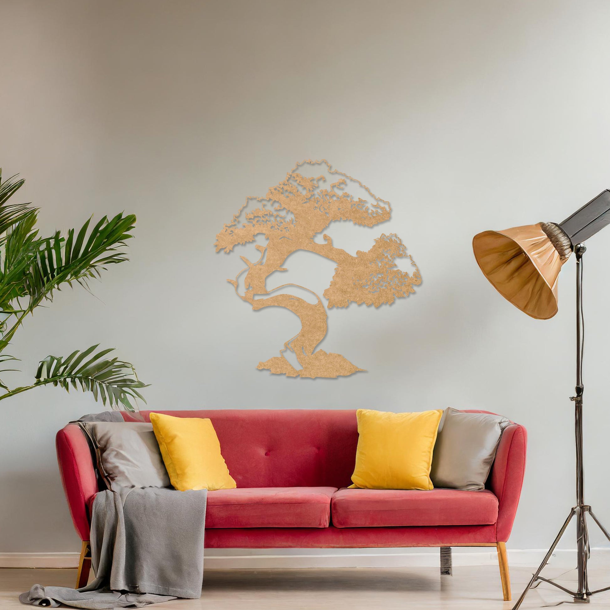 Wooden wall art featuring a bonsai tree design with intricate branches and a curved trunk, displayed on a neutral wall within modern room decor, showcasing its artistic and nature-inspired craftsmanship.