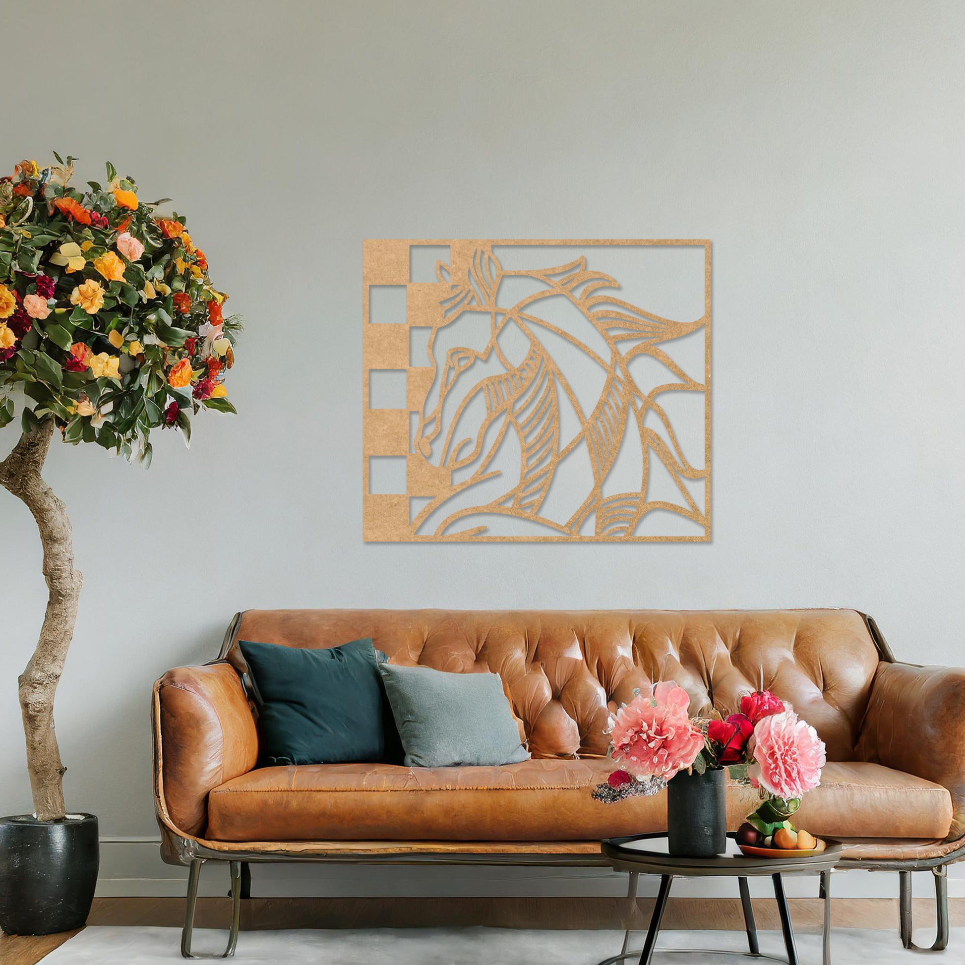 Wooden wall art design featuring a stylized horse's head integrated with geometric checkered patterns, placed on a neutral wall within elegant room decor. The design combines the beauty of nature with modern, abstract elements for a dynamic and artistic look.
