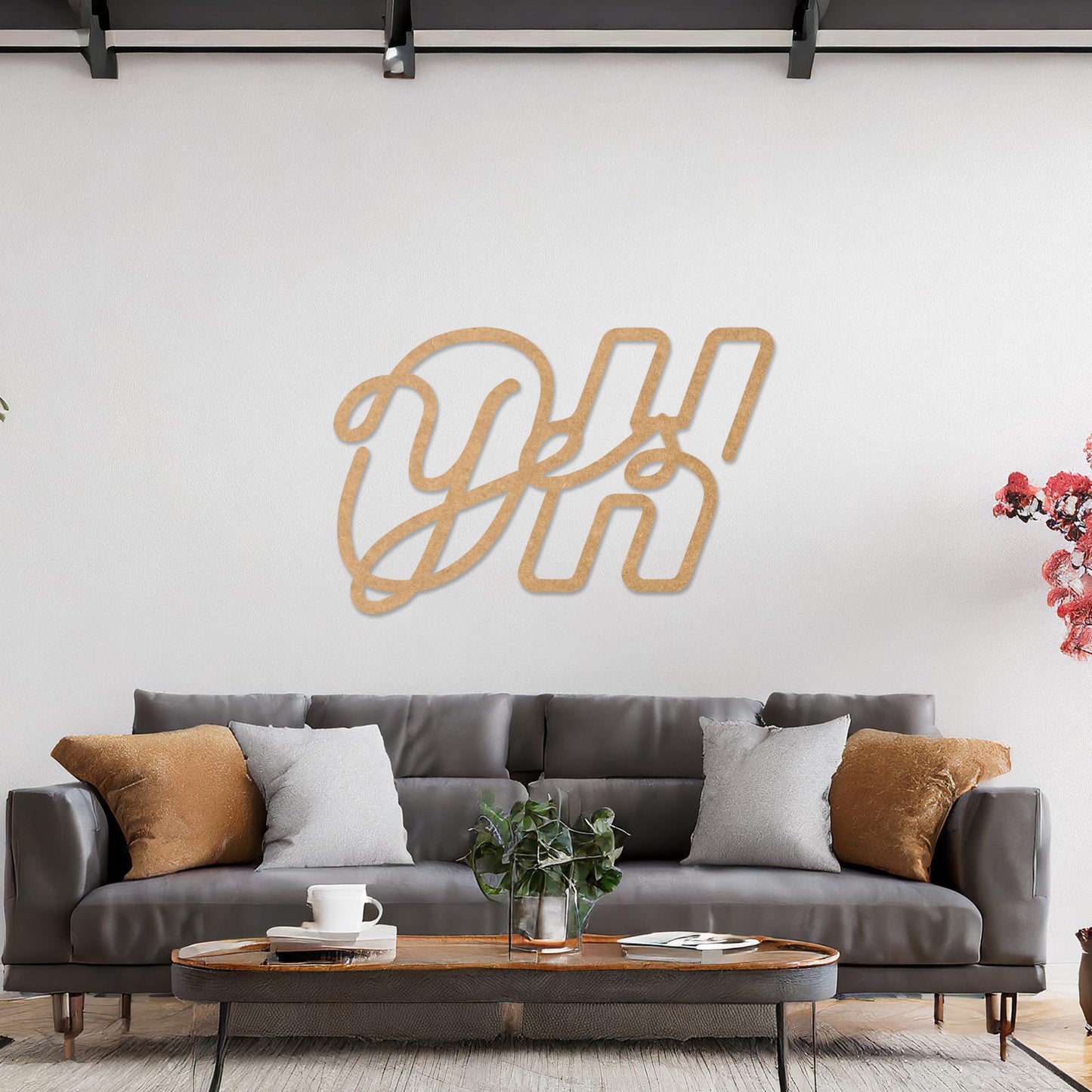 Wall art featuring the phrase "Oh Yes" in an elegant, flowing script combined with bold, block-style letters. The piece is displayed on a neutral wall within modern decor, adding a creative and playful touch to the space.