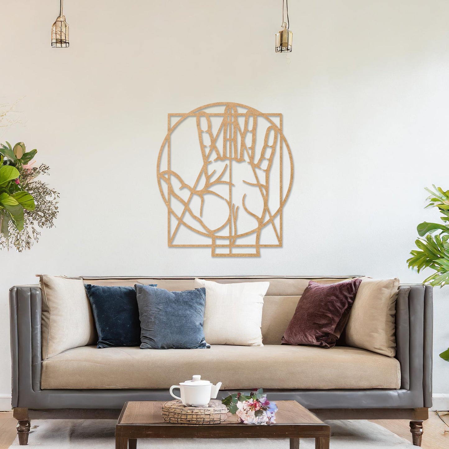 This design features a geometric and minimalist representation of a hand, framed within a circle and square. The clean lines and balanced shape create a modern, artistic effect perfect for contemporary spaces.
