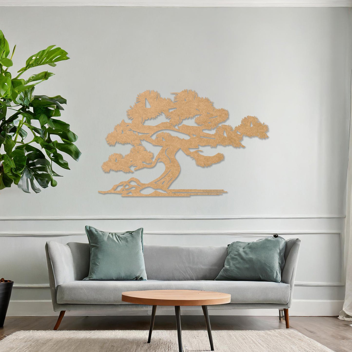Wooden wall art featuring a bonsai-inspired tree design with detailed branches and roots, placed on a neutral wall within a modern room decor, showcasing its delicate craftsmanship and minimalist elegance.